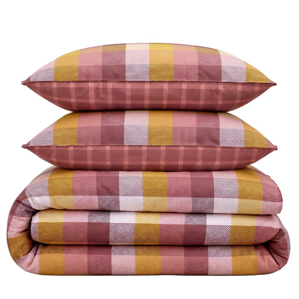 Parure de lit 2 personnes 220x240cm 2 taies 63x63cm coton carreaux rouge et orange