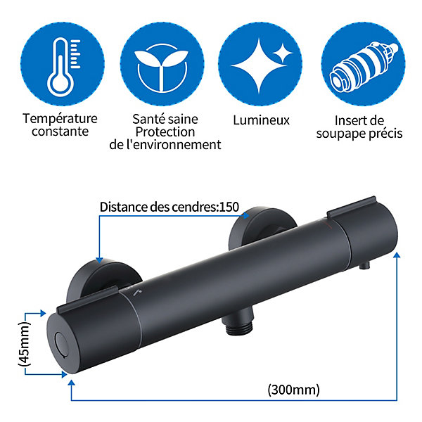 Mitigeur de douche thermostatique securite 38C temperature stable reglage debit separe mural en laiton noir pour douche