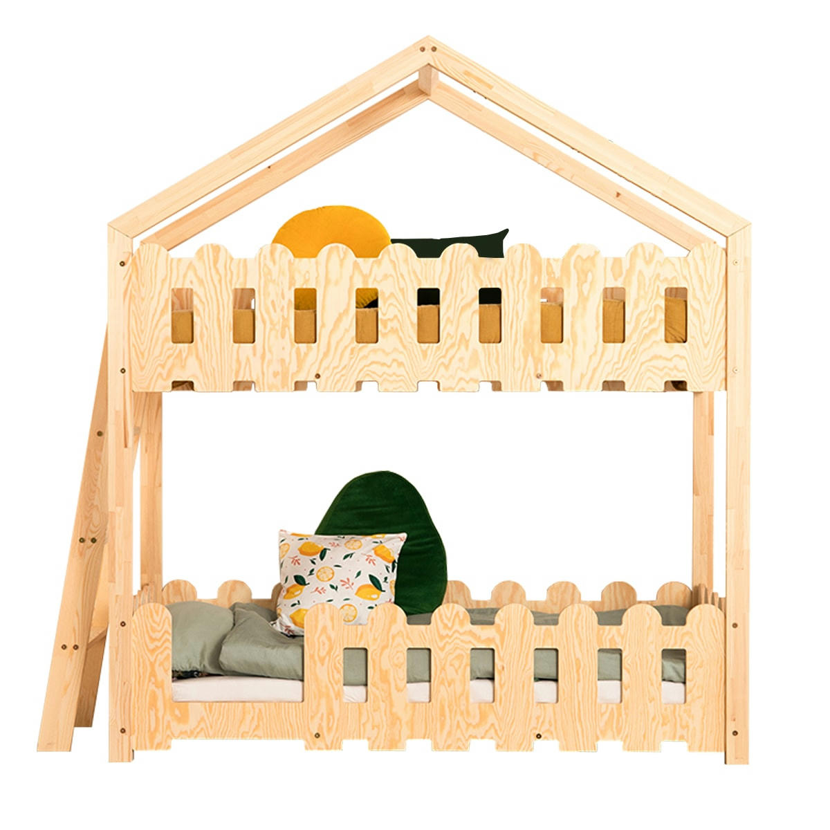 CHLOÉ - Lit cabane superposé 90x200 échelle à gauche sommier inclus naturel