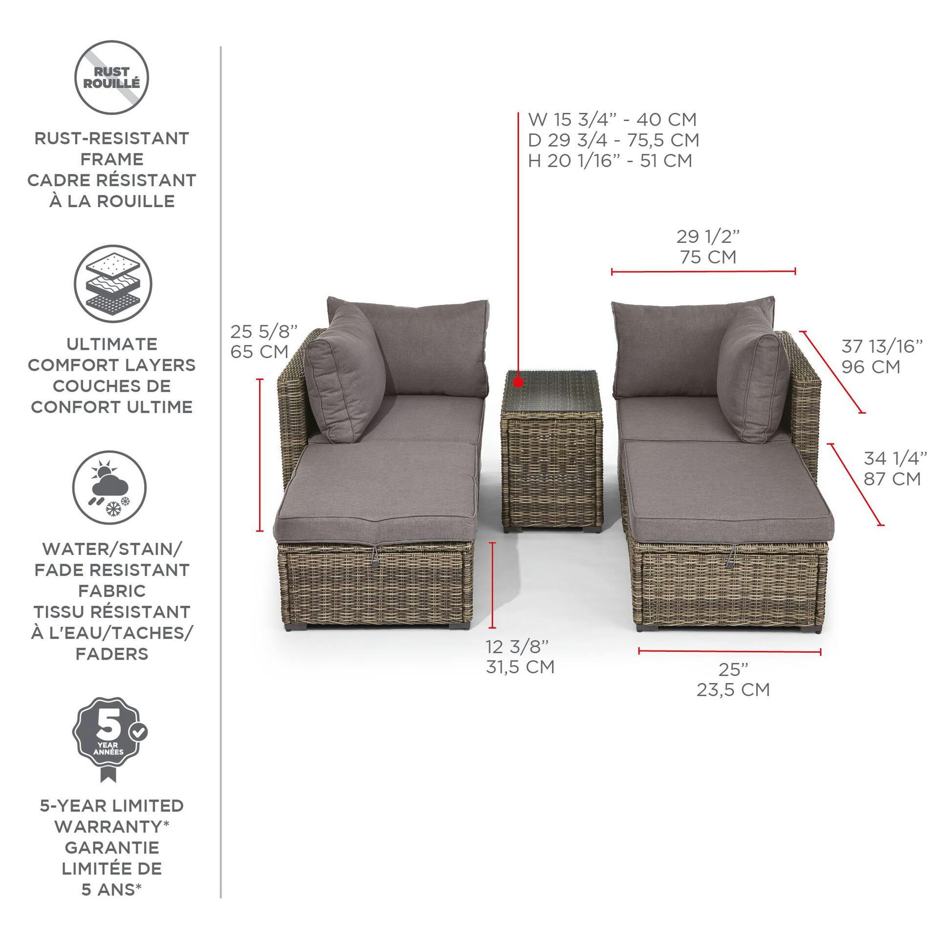 CANVAS Howe All Weather Wicker Outdoor/Patio Modular Chaise/Daybed Set w/ Glass Top, 5-pc