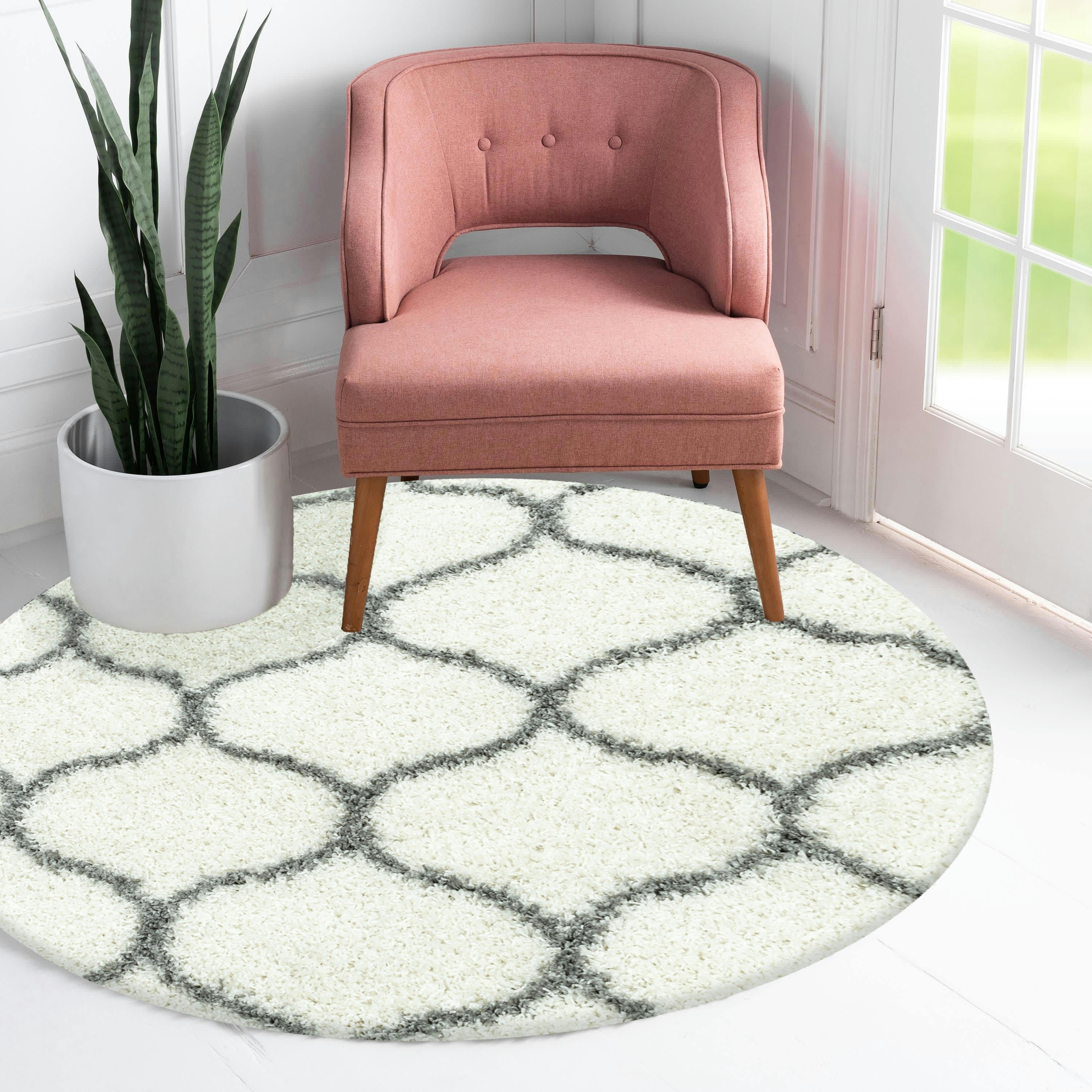 SALMA - Tapis rond à poils longs et motifs alhambra blanc 120x120cm