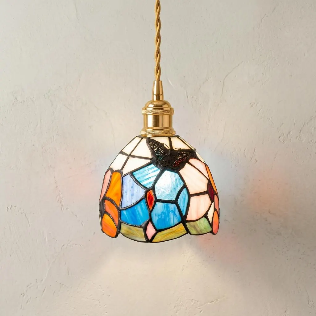 Blue and Pink Handmade Tiffany Style Pendant Light with Butterfly-Like Botanical Motifs