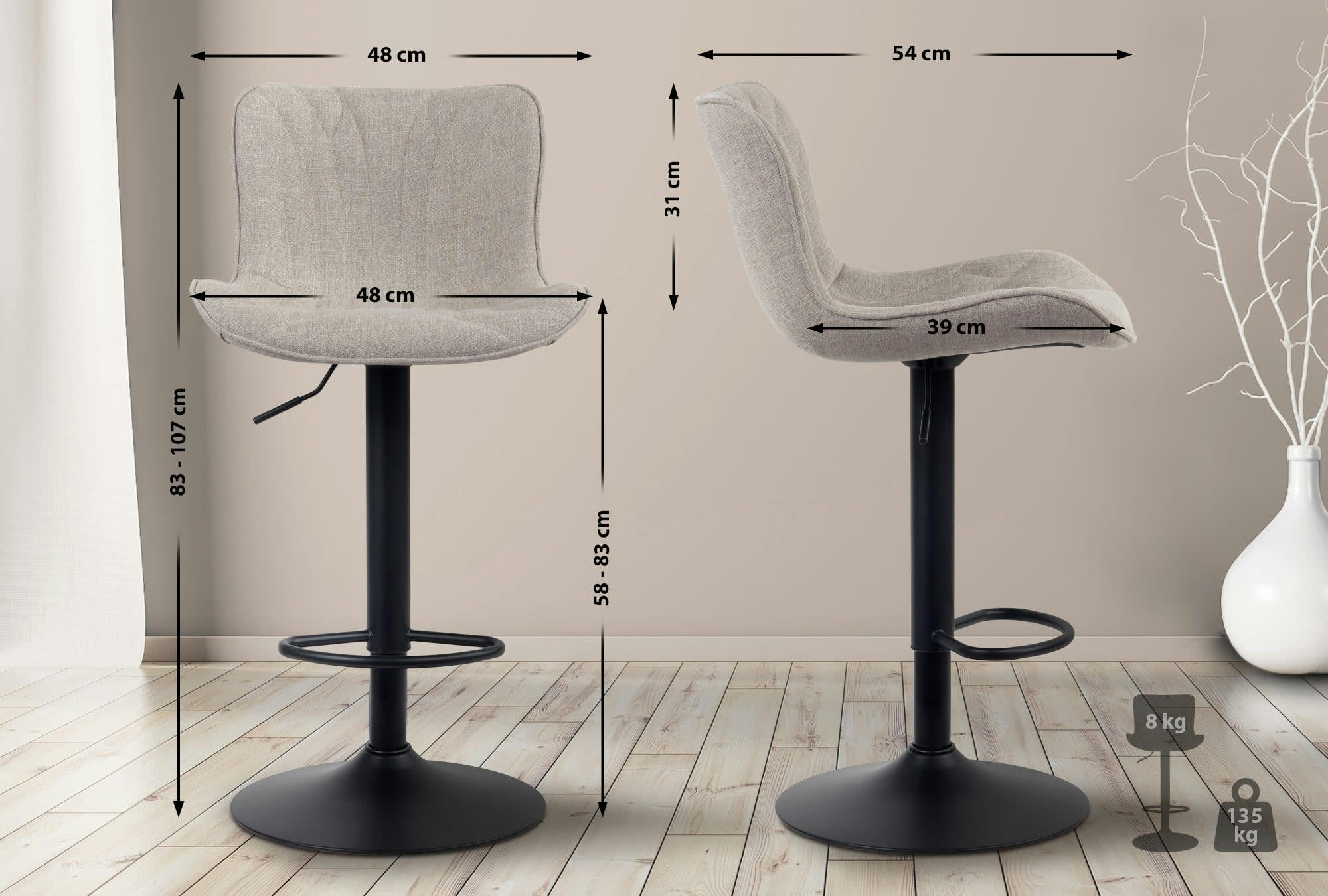 LINUS - Lot de 2 tabourets de bar ajustables en tissu Taupe