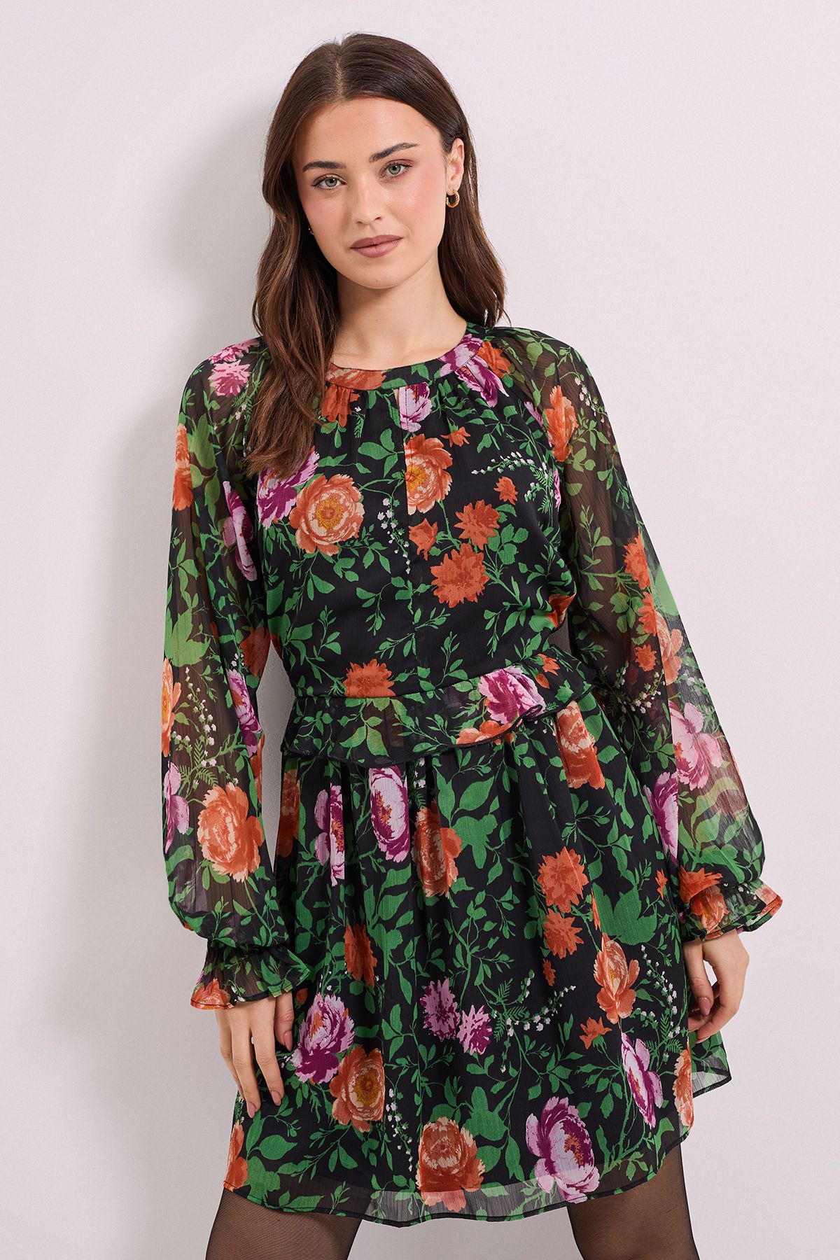 Dorothy Perkins High Neck Keyhole Detail Printed Chiffon Mini Dress