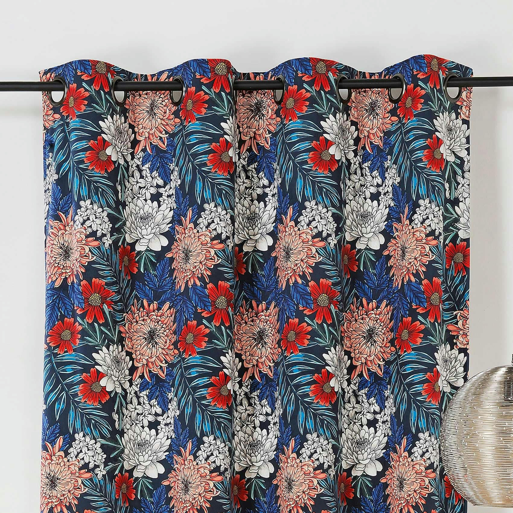 - Voilage tamisant imprimé et fleuri polyester bleu 140x280 cm