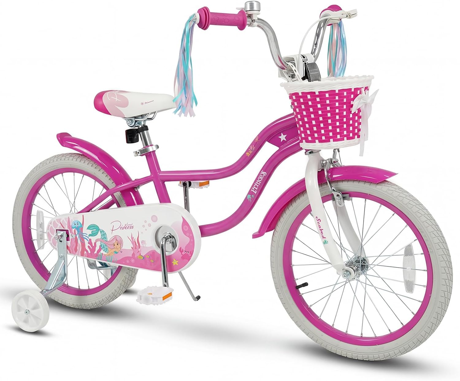 BABY JOY Kids Bike, 12 14 16 18 Mermaid Girls Bike for 3-8 Years Old w/Basket, Training Wheels, Hand & Coaster Brakes, Adjustable Seat & Handlebar, 20 Children Bicycle with Kickstand for 8+