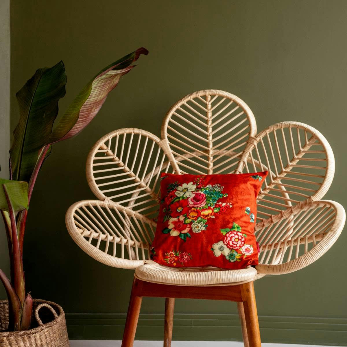 - Housse de coussin velours imprimé fleuri orange 45x45 cm