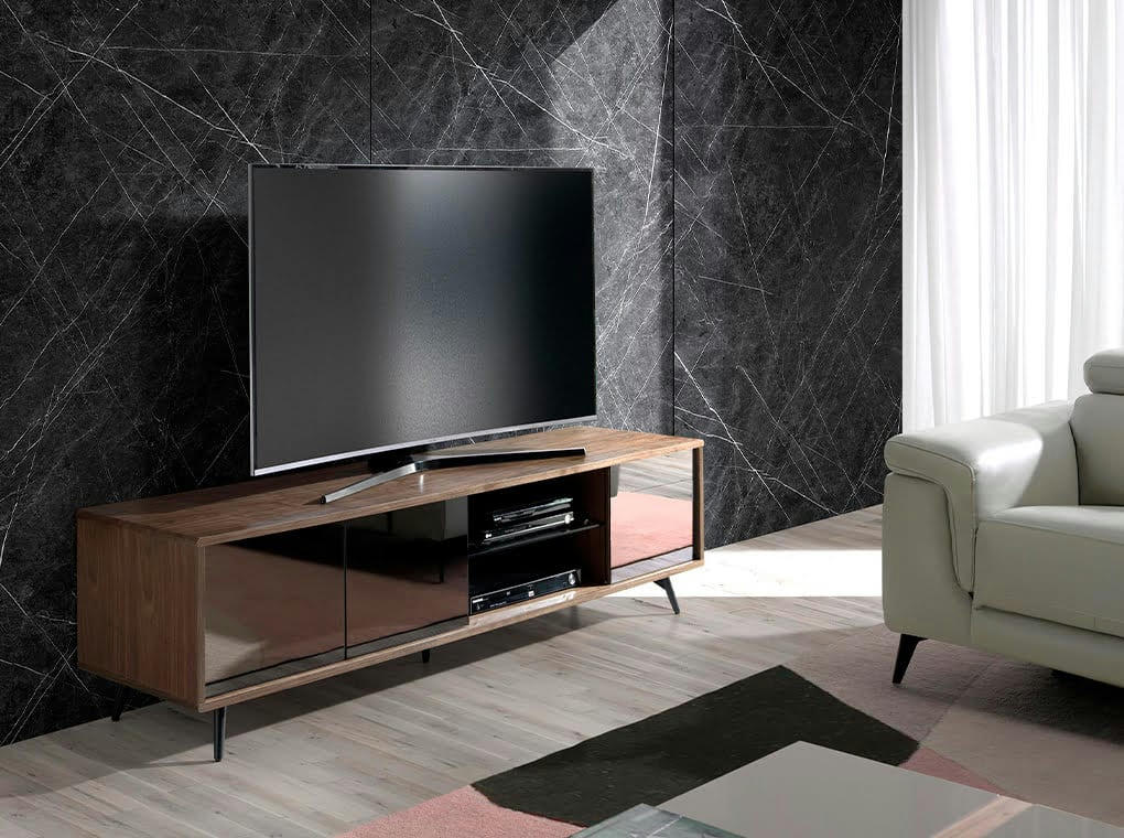 - Meuble TV de noyer et verre noir