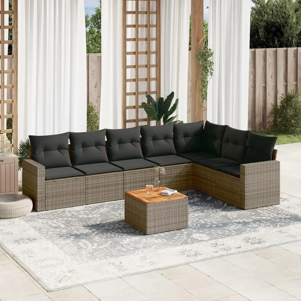 vidaXL Loungeset met kussens & hout salontafel voor 7 - Grijs - Poly rattan