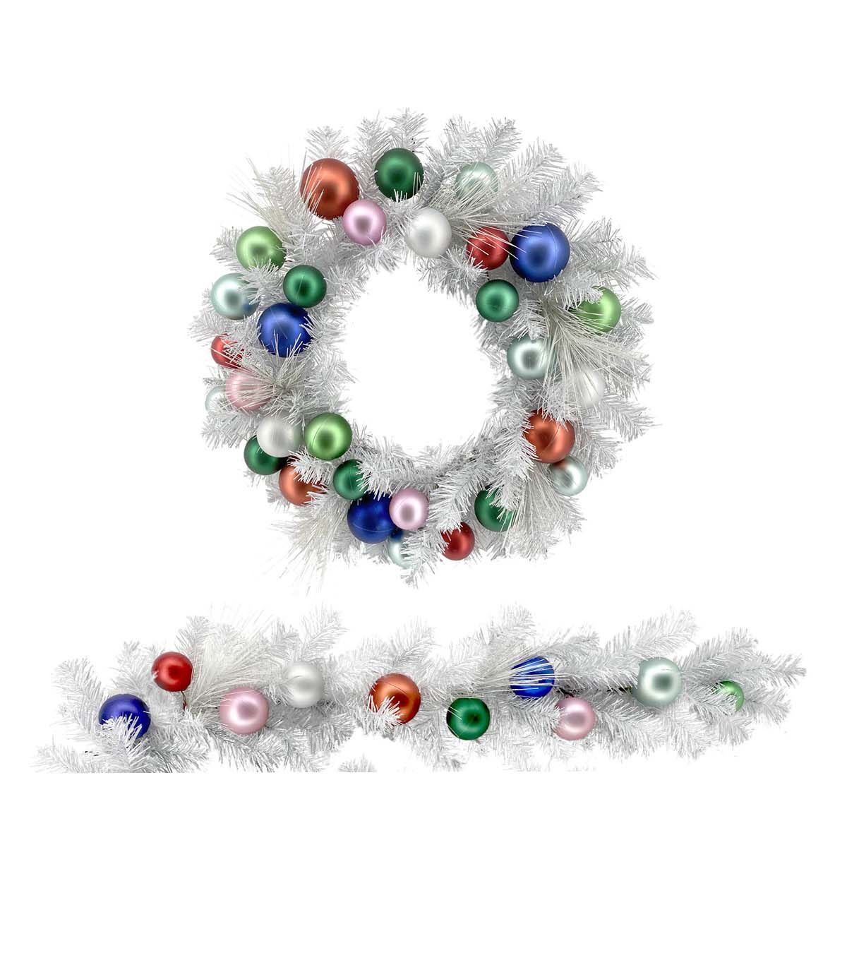 Holiday Matching Multicolor Bauble & White Pine Wreath & Garland