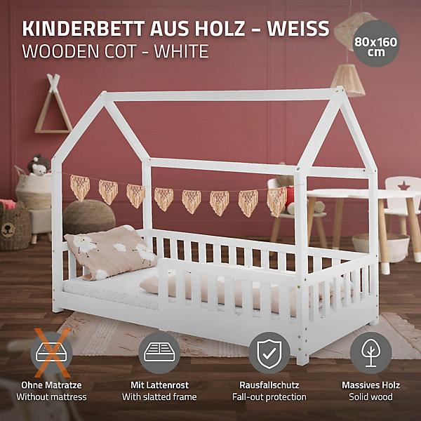 Lit d'enfant ML-Design 160x80 cm blanc en bois de pin avec toit et sommier protection contre chutes