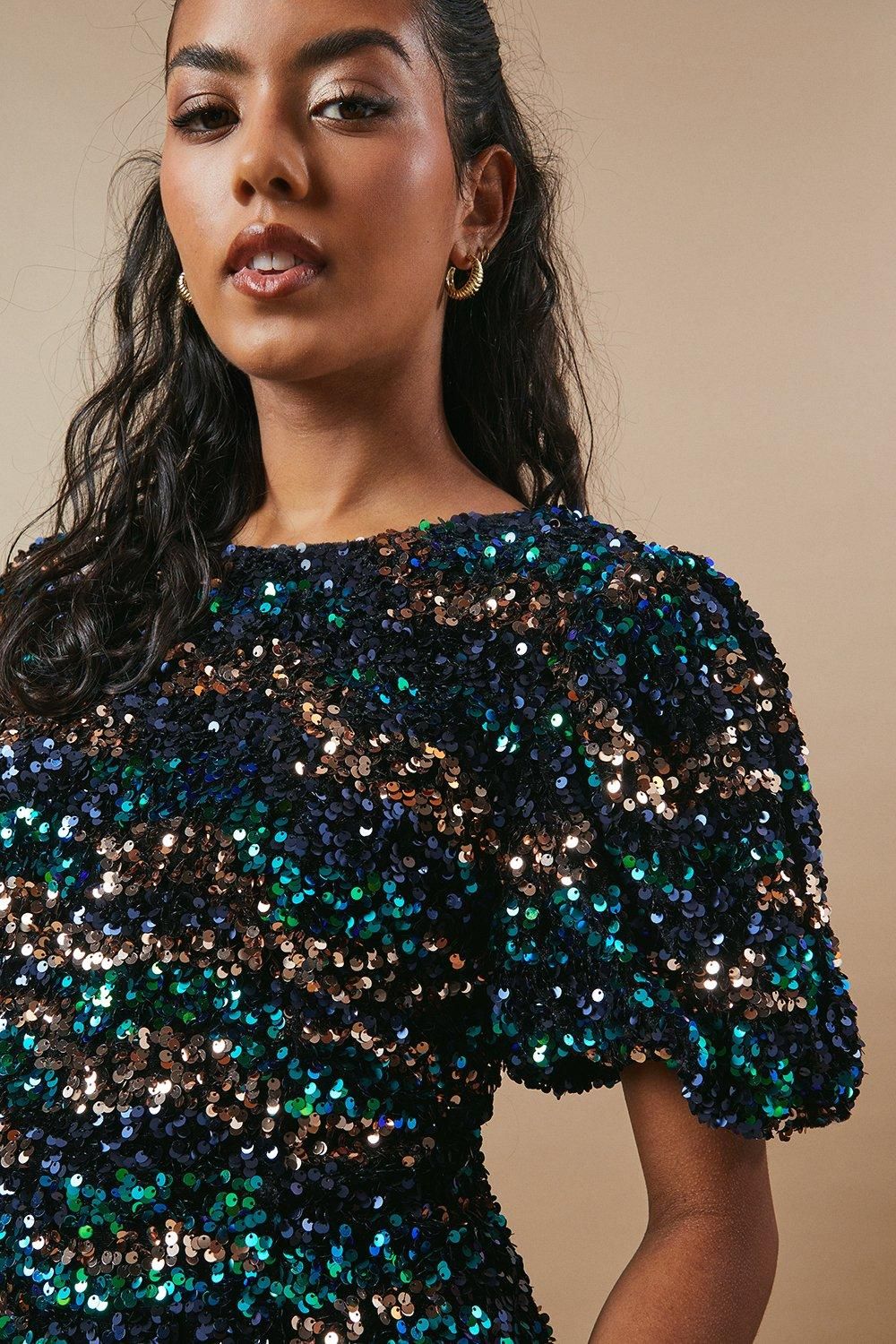 Oasis Petite Occasion Puff Sleeve Sequin Mini Dress