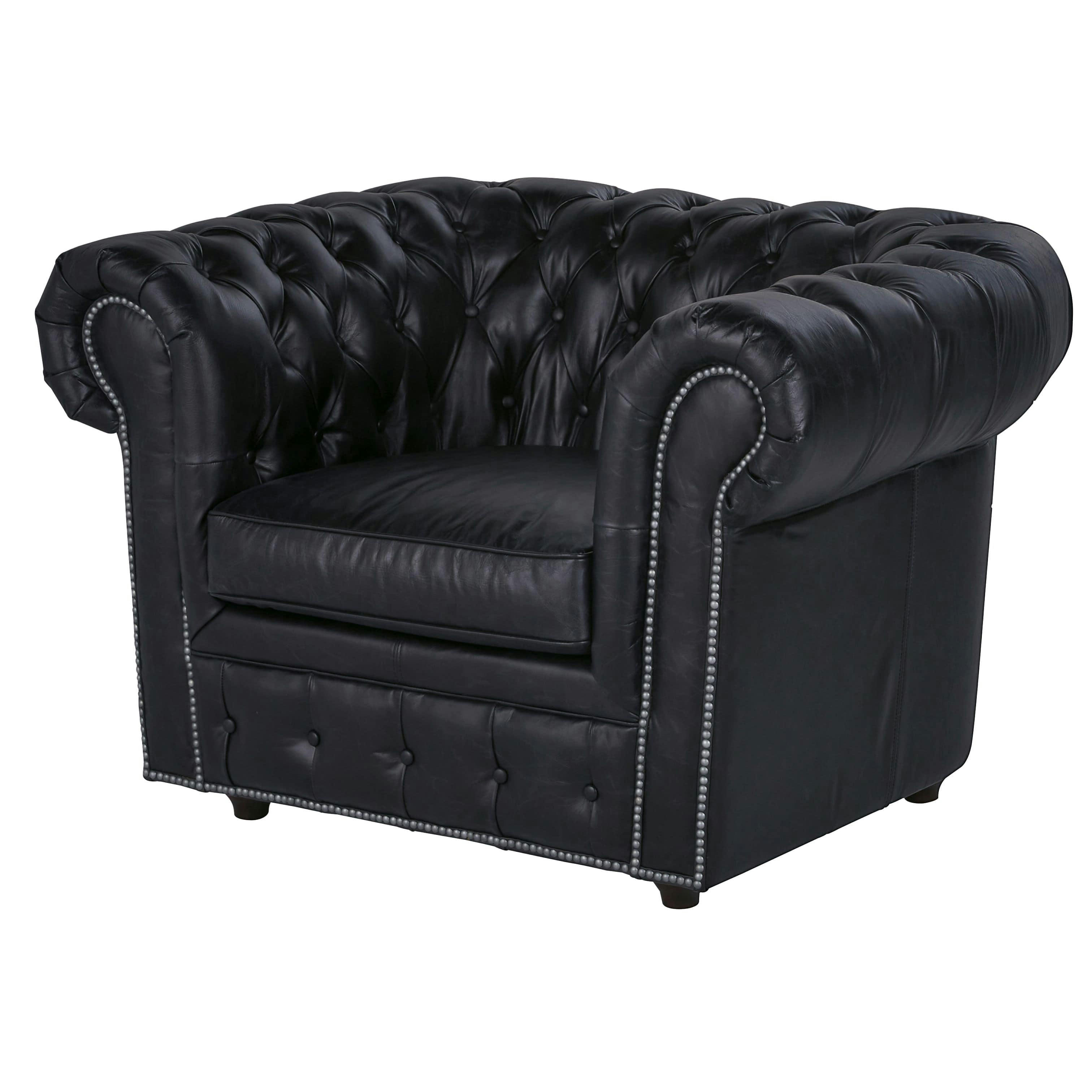 Chesterfield - Fauteuil capitonné en cuir noir