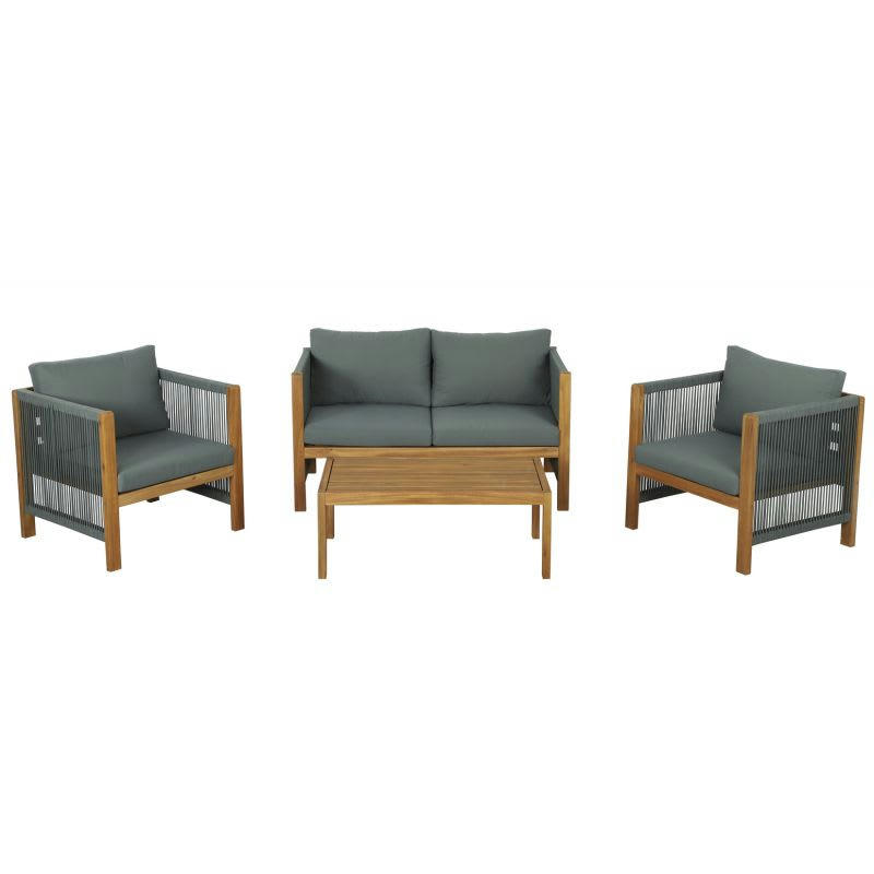 LAFITENIA - Salon de jardin en bois d'acacia et corde 4 places coussins vert