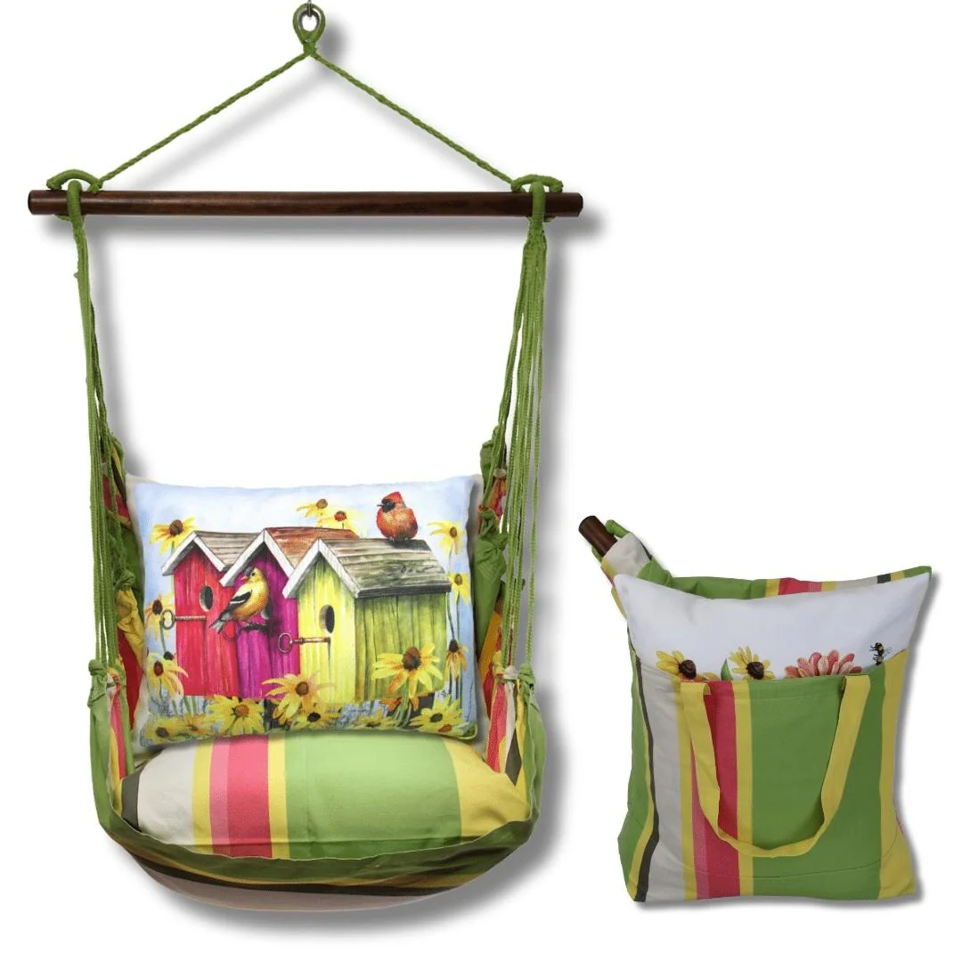 Magnolia Casual Swing Set 4 piece - Fresh Lime Stripe w/ 3 Birdhouses with Yellow Flowers