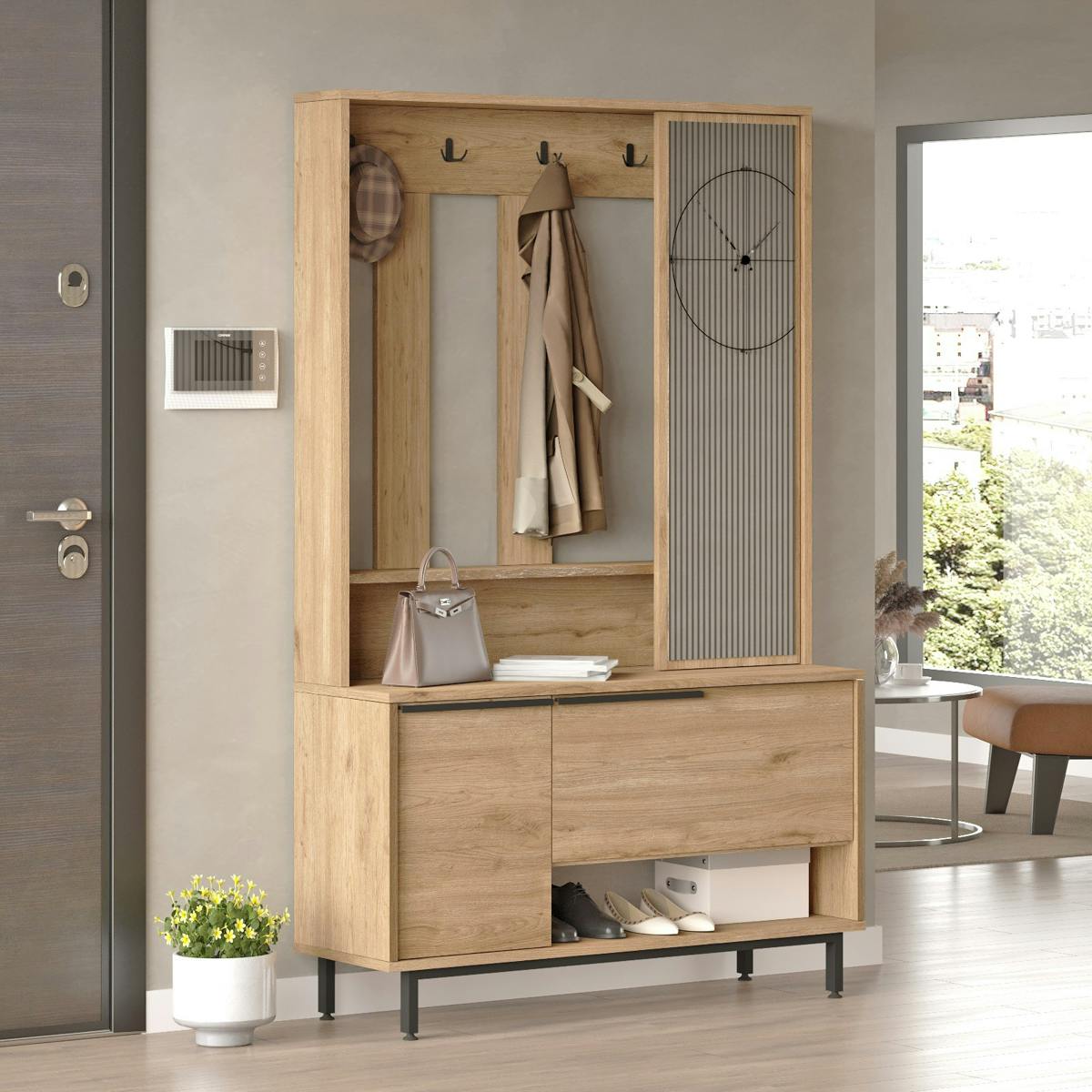 Vestiaire d'entrée scandinave 5 patères rangements bas JENA