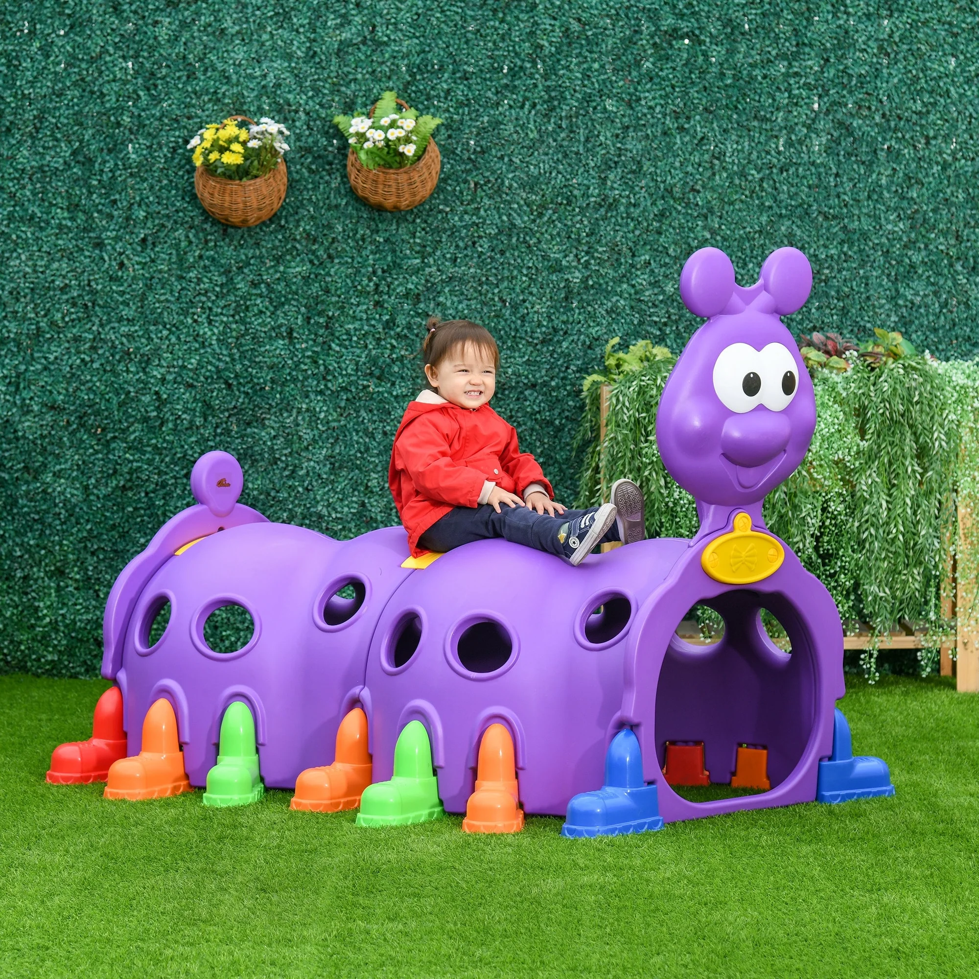 Qaba Indoor & Outdoor Caterpillar Kids Tunnel Climbing Toy, Toddler Play Tunnel for 3-6 Years Old, Purple