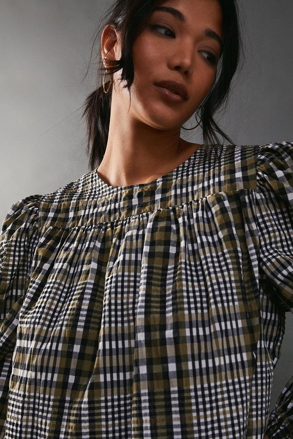 Warehouse Check Smock Tiered Mini Dress