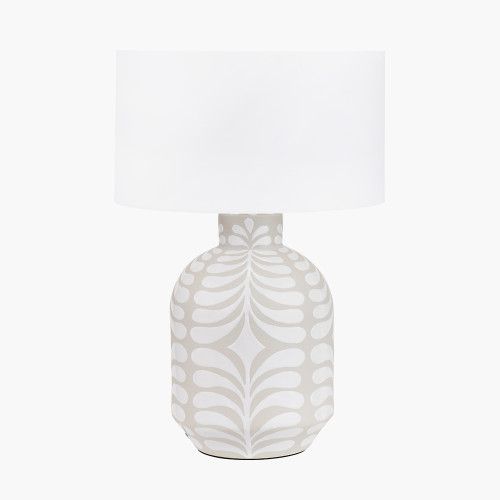 Ruma Grey and White Pattern Ceramic Table Lamp with Linen Drum Shade