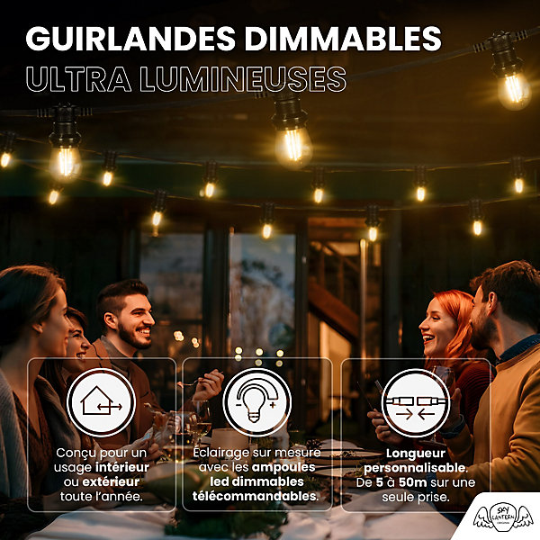 Guirlande Guinguette 10M Filament LED 20 Bulbes Dimmables avec variateur et télécommande