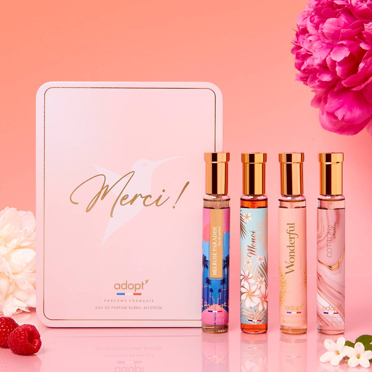 Coffret Merci !Coffret métal 4 eaux de parfums Melrose Paradise 30ml  Monoï des Iles 30ml   Wonderful 30ml   Cotton Crush 30ml)