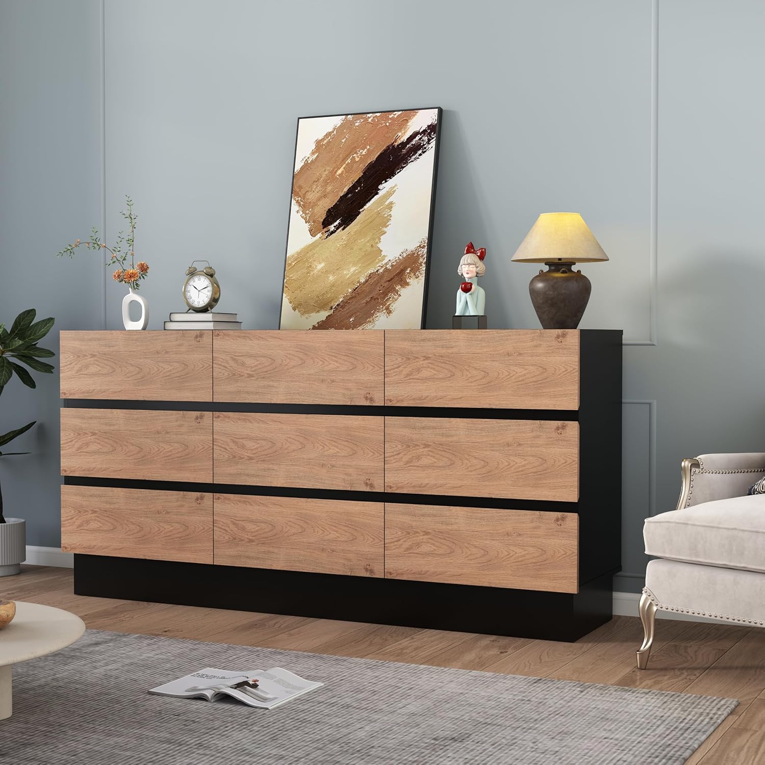 Modern Dresser for Bedroom, Closet Organizers and Storage with 9 Drawers，63''Large Storage Organizer for Living Room, Bedroom, Oak