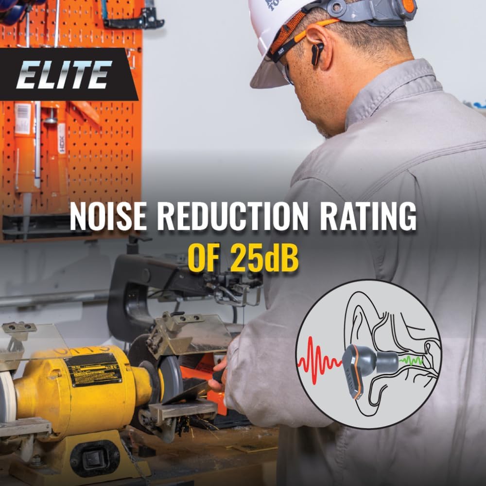 KLEIN TOOLS AESEB2 Elite Bluetooth Jobsite Earbuds, True Wireless Earplugs, 25dB NRR Hearing Protection, 24-Hour Playtime, Digital LED Display