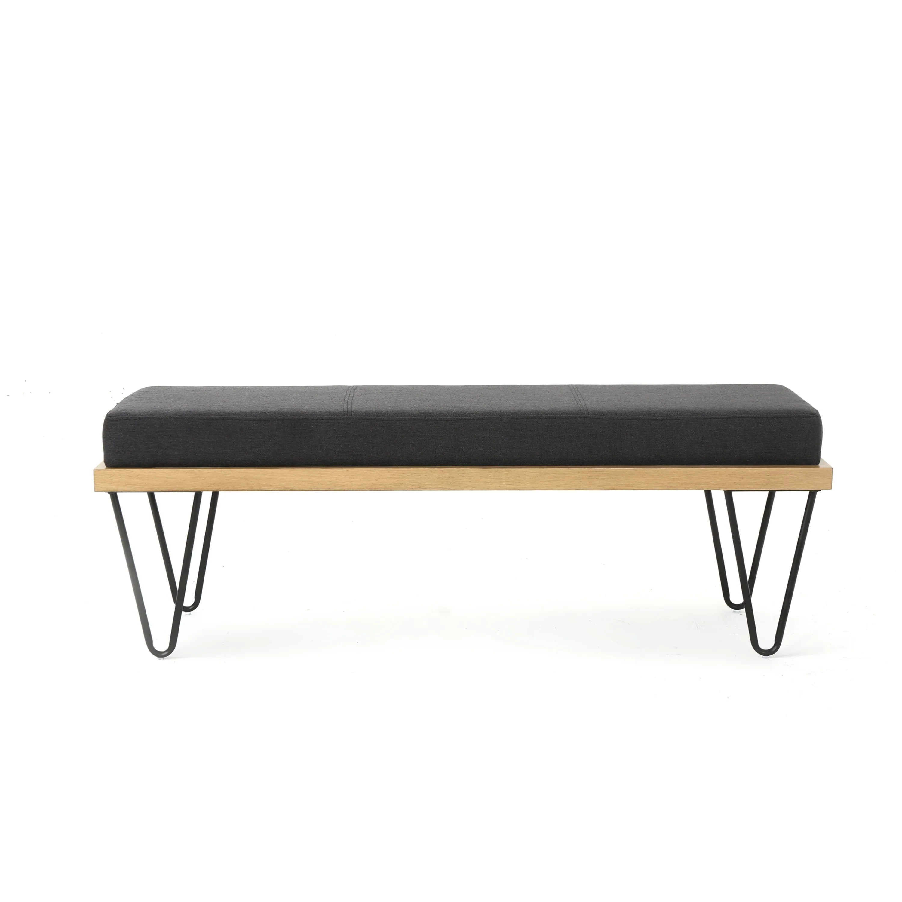 Accent Bench, 47 Inch, Dark Gray Polyester Cushion, Black Hairpin Legs