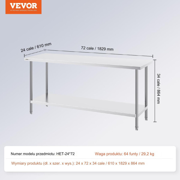 Stół gastronomiczny nierdzewny 60x183cm z półką wolnostojący do restauracji