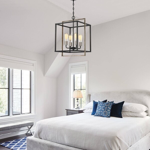 4-Light Black Square Farmhouse Chandelier with Wood Accents - 15.8"W