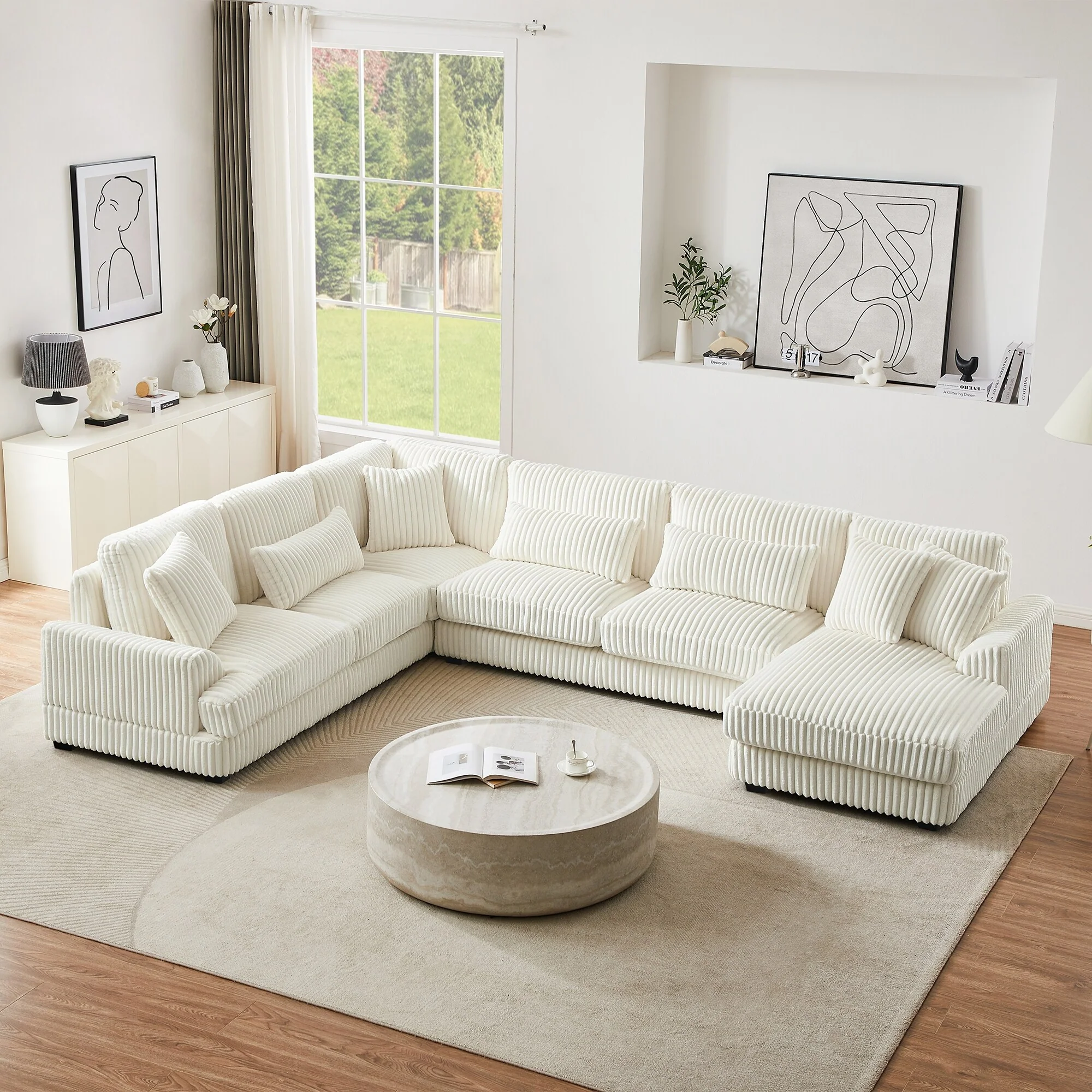 Oversized Stripe Couches Sofa U-shaped Sectional Sofa Corduroy Upholstered Couches with Lumbars Pillows and Chaise Lounge