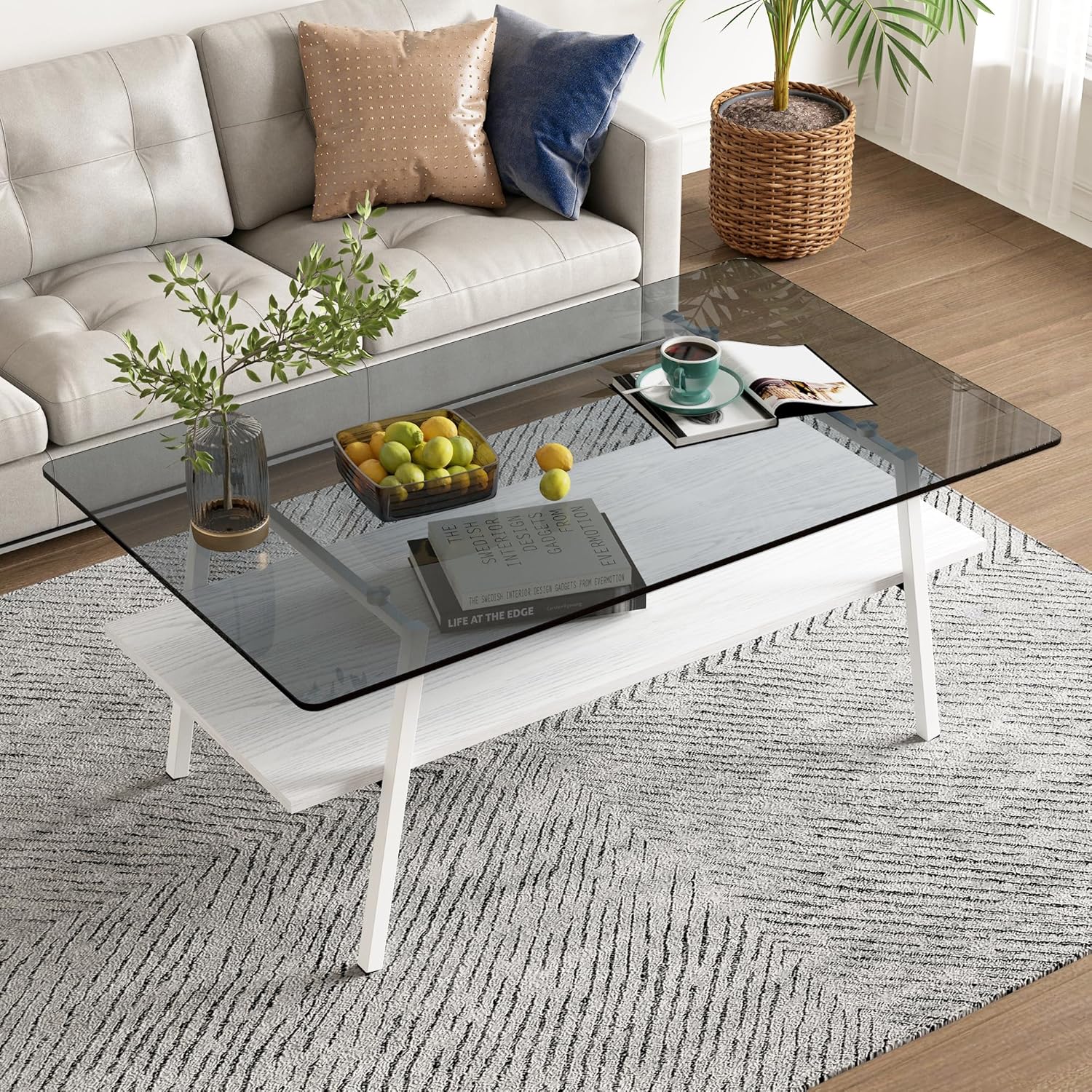 Casaphoria Modern Rectangle Coffee Table for Living Room, 2-Tier Center Table with Gray Tempered Glass Top, White Wooden Shelf & Metal Legs, 38.6 Inch, Gray/White
