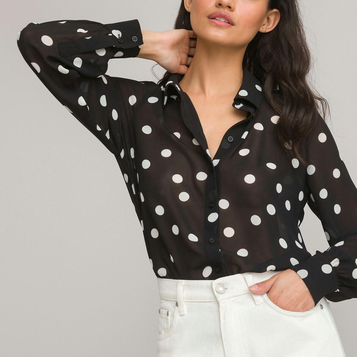 Chemise fluide manches longues, imprimé à pois,
