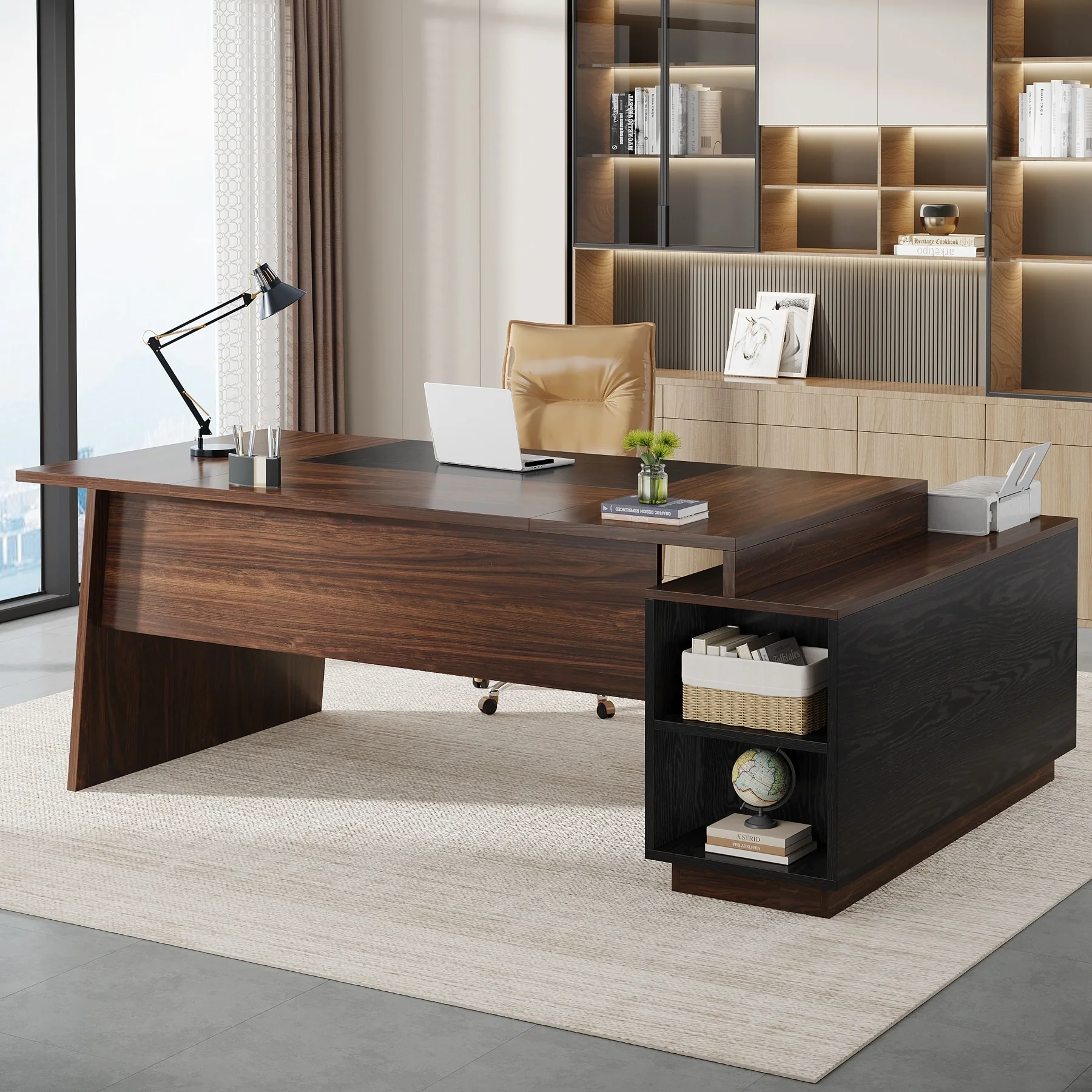 70.5'' Large Executive Desk with File Cabinet, Modern L -Shaped Desk