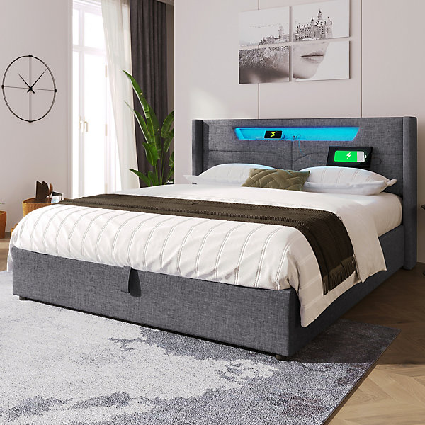 Lit coffre 140 x 200 cm - Lit double avec USB Type-C   éclairage LED - Lin - Sans Matelas - Gris