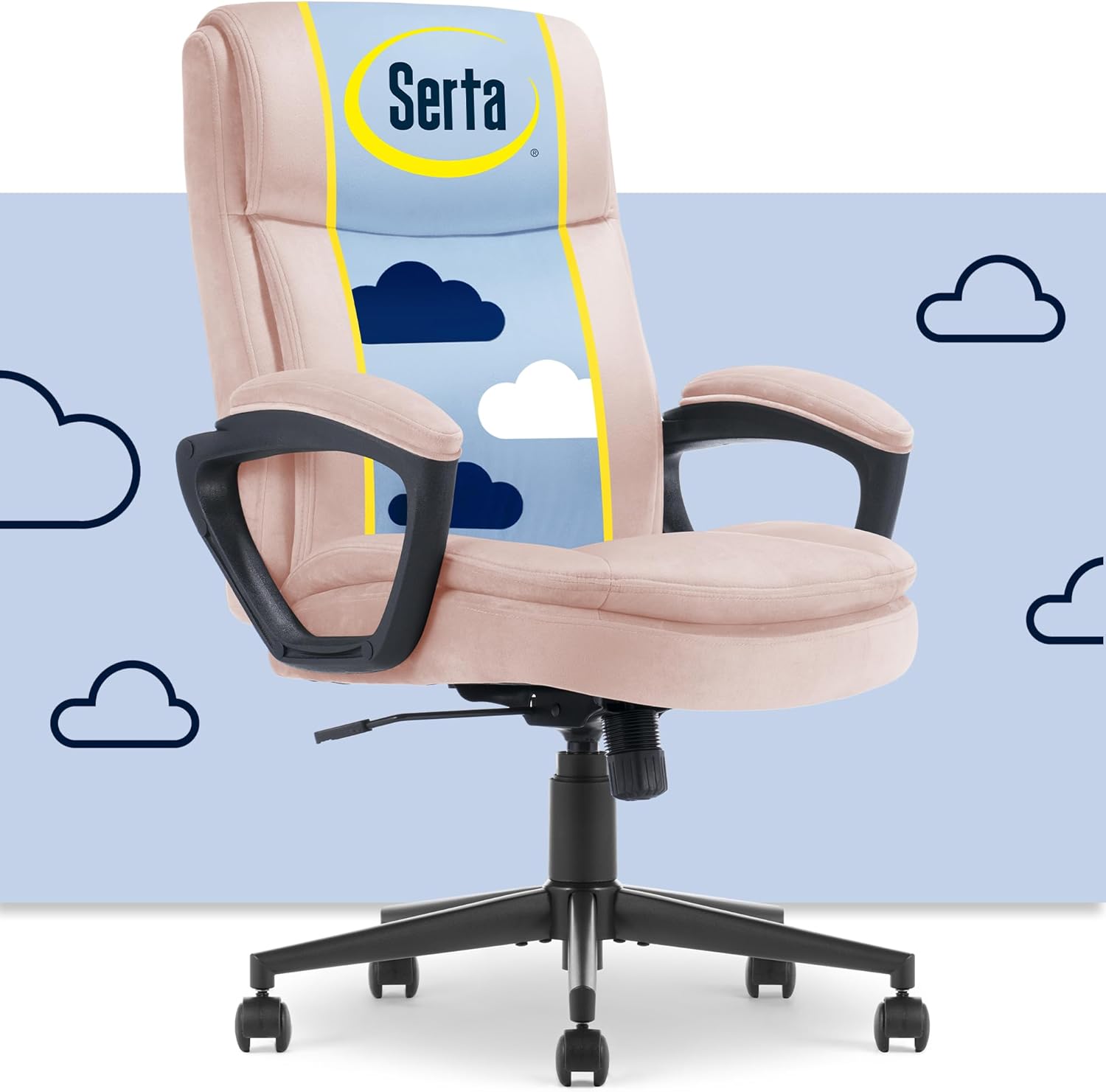 Serta Comfort Ergo Executive Office Chair, Ergonomic Mid-Back Design with Lumbar Support, Semi-Plush Double-Layer Seat Cushion, Padded Armrests, Swivel Metal Base, Soft Velvet, Pink