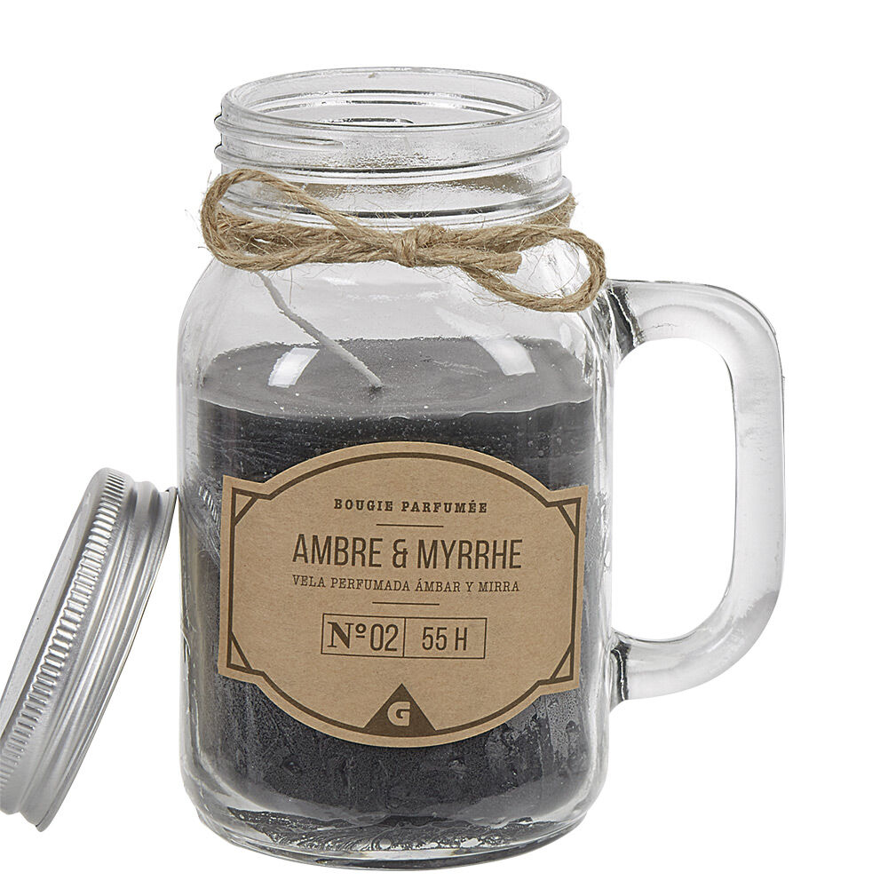 Bougie noire dans mug en verre avec couvercle senteur myrrhe ambre
