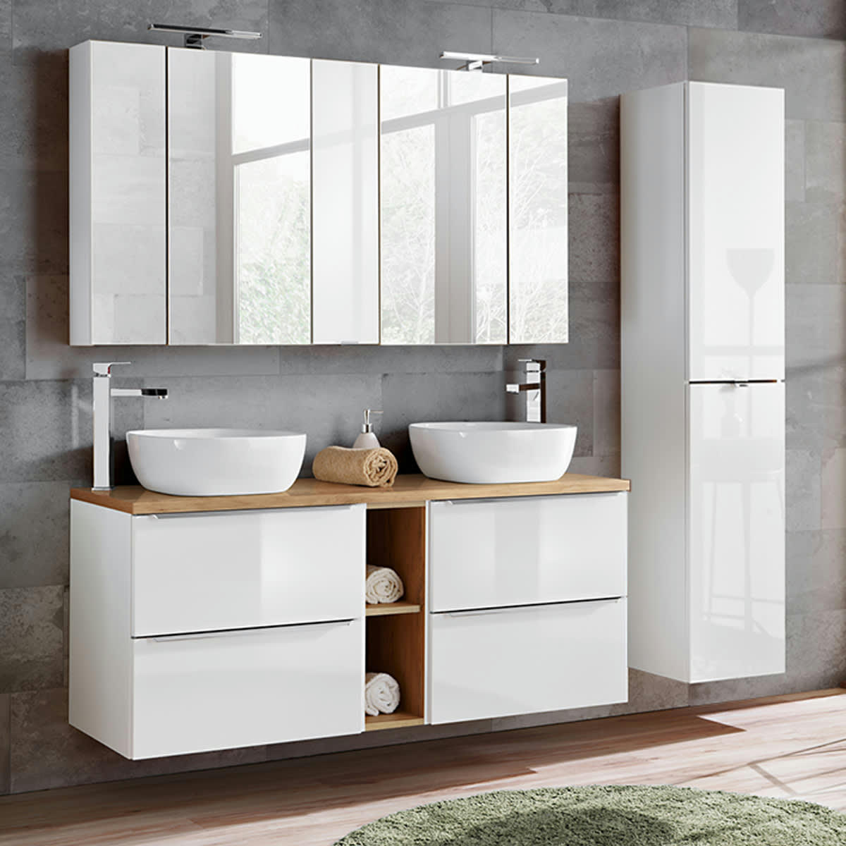 - Ensemble meuble double vasque 140cm et colonne stratifiés blanc