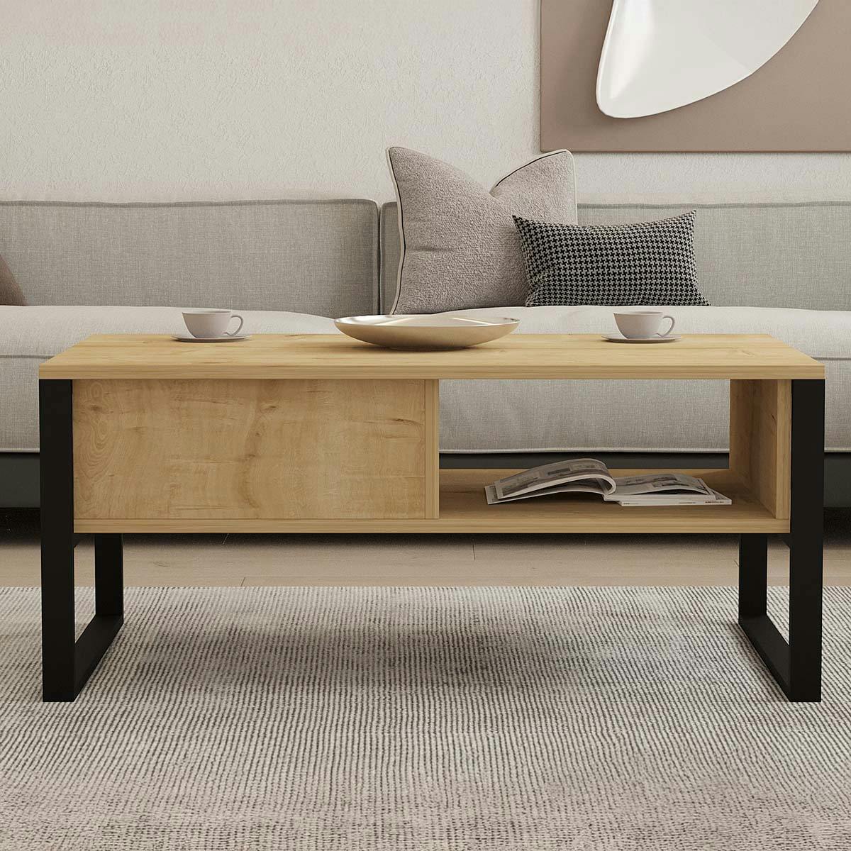 Table basse moderne effet bois clair avec niches JENA