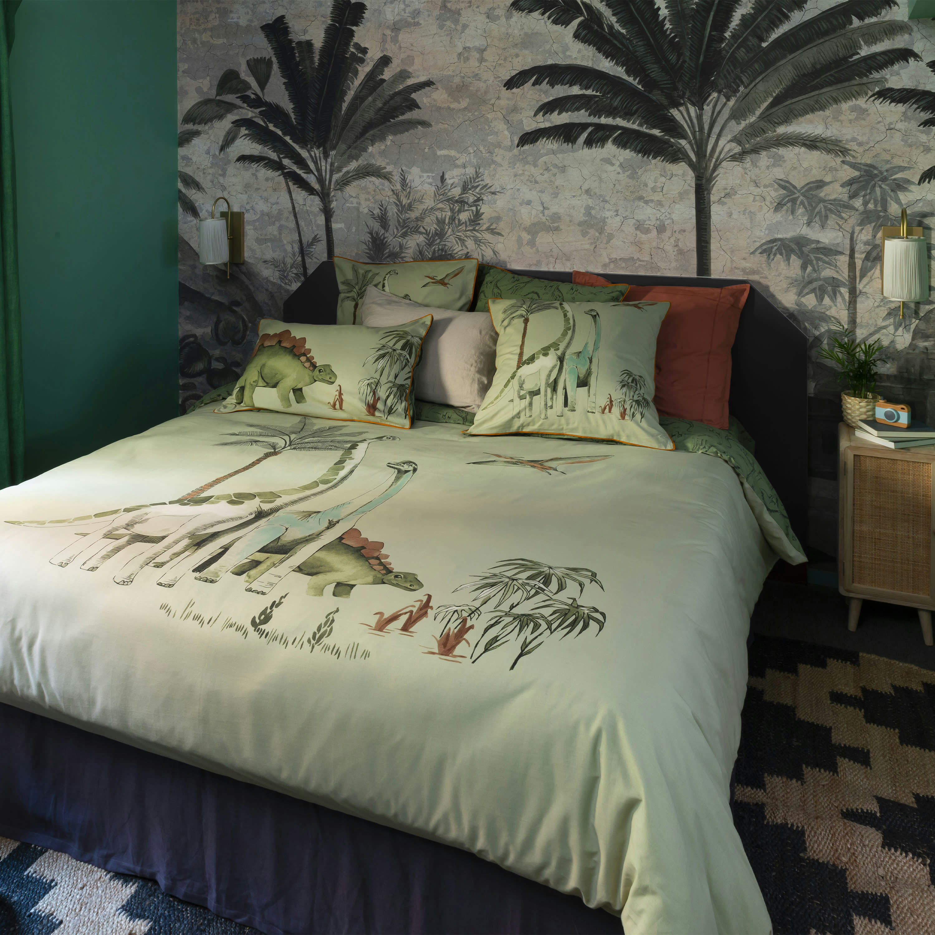 DINOTOPI - Housse de couette réversible pur coton bio kaki  vert 140x200