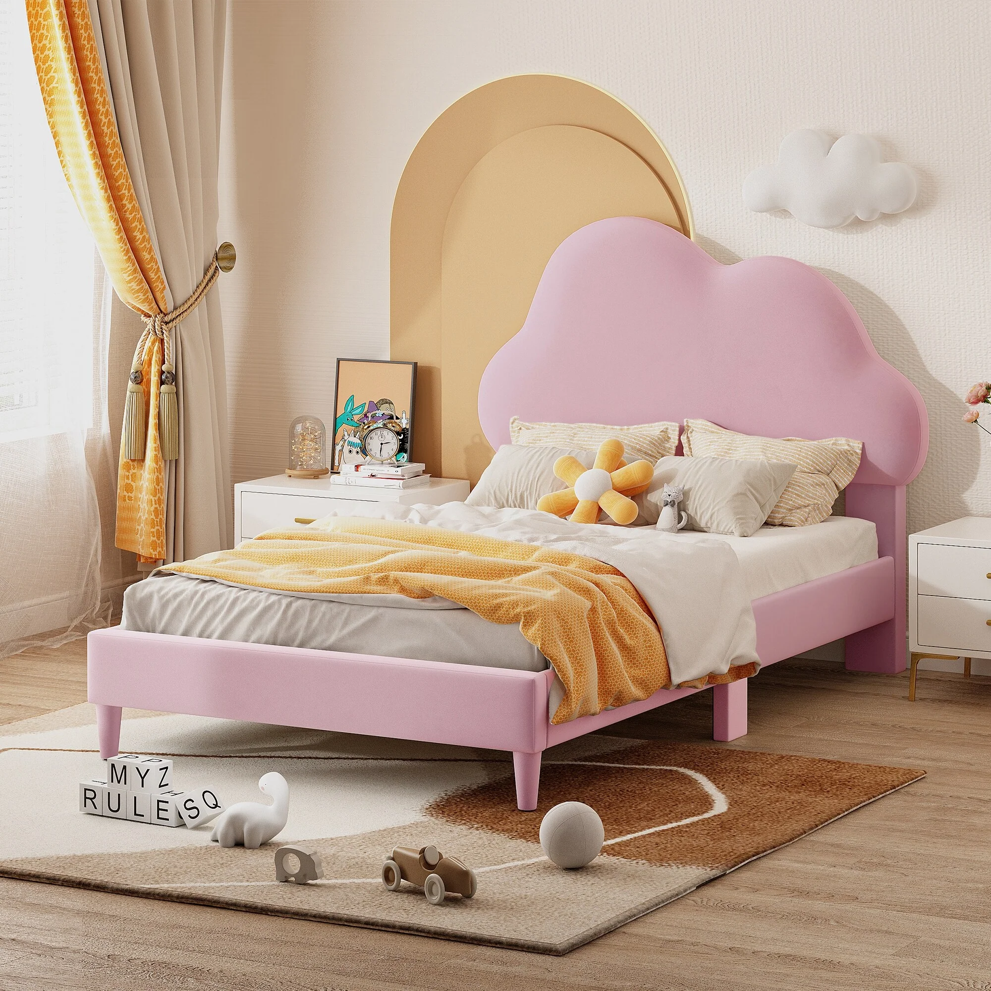 Twin Size Velvet Upholstered Cloud-Shaped Platform Bed with Headboard