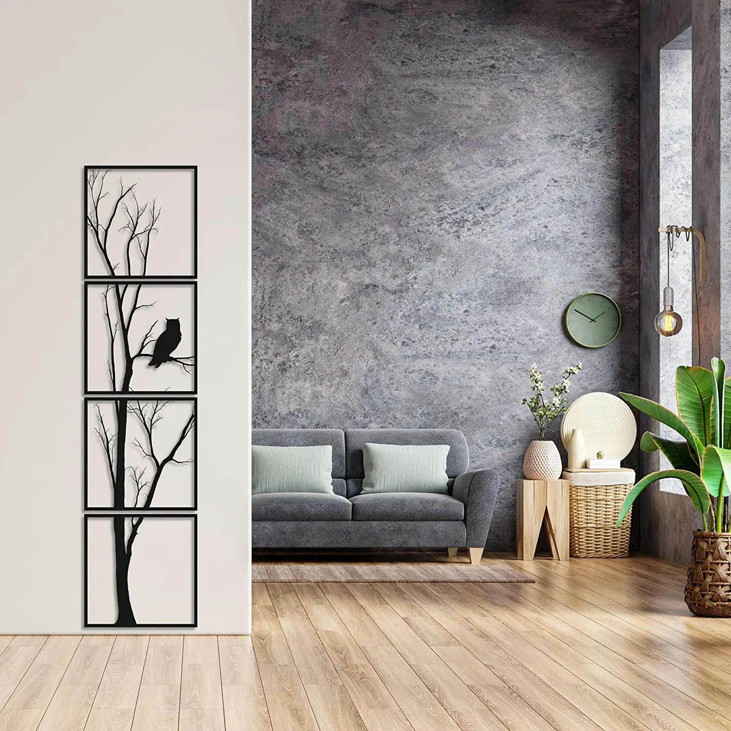 - Déco murale arbre et hibou en métal noir 30x120 cm