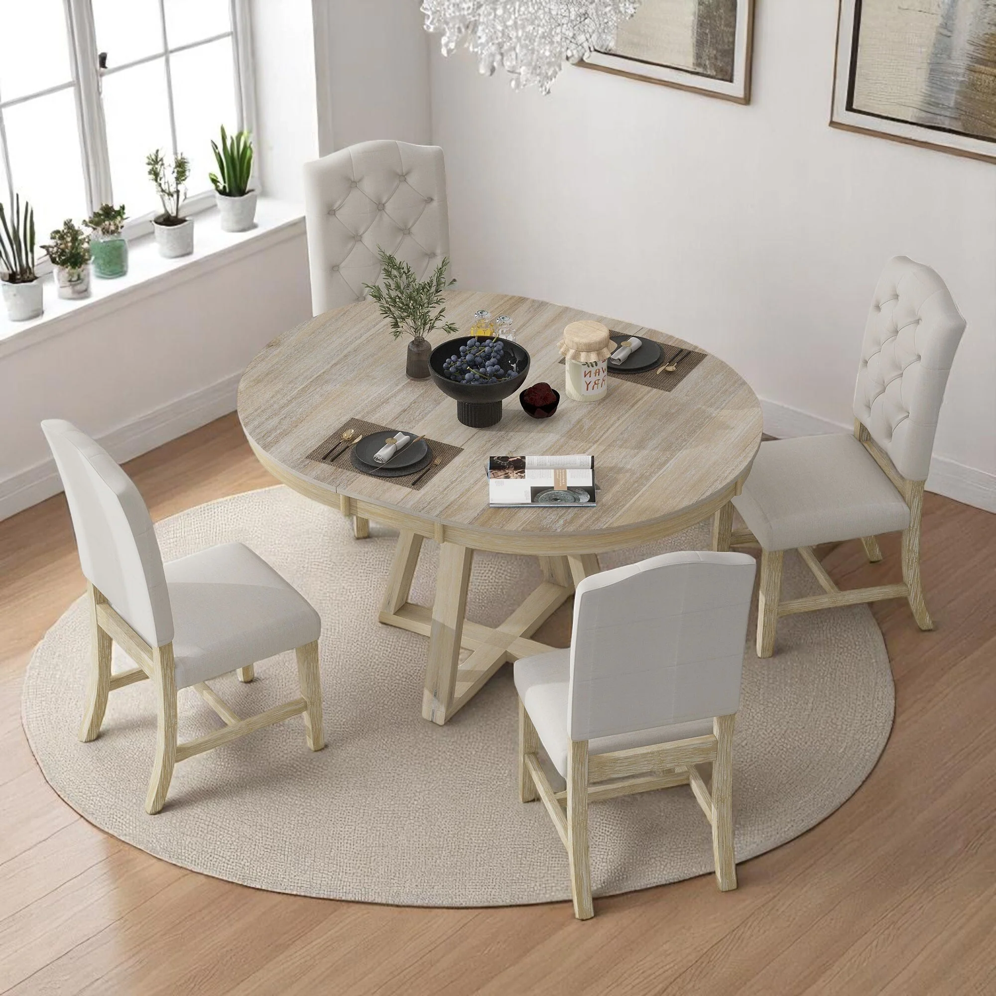 5-Piece Dining Table Set with 4 Upholstered Chairs, 16 Leaf Dining Table, Solid Wood & MDF, for Small Spaces and Dining Rooms