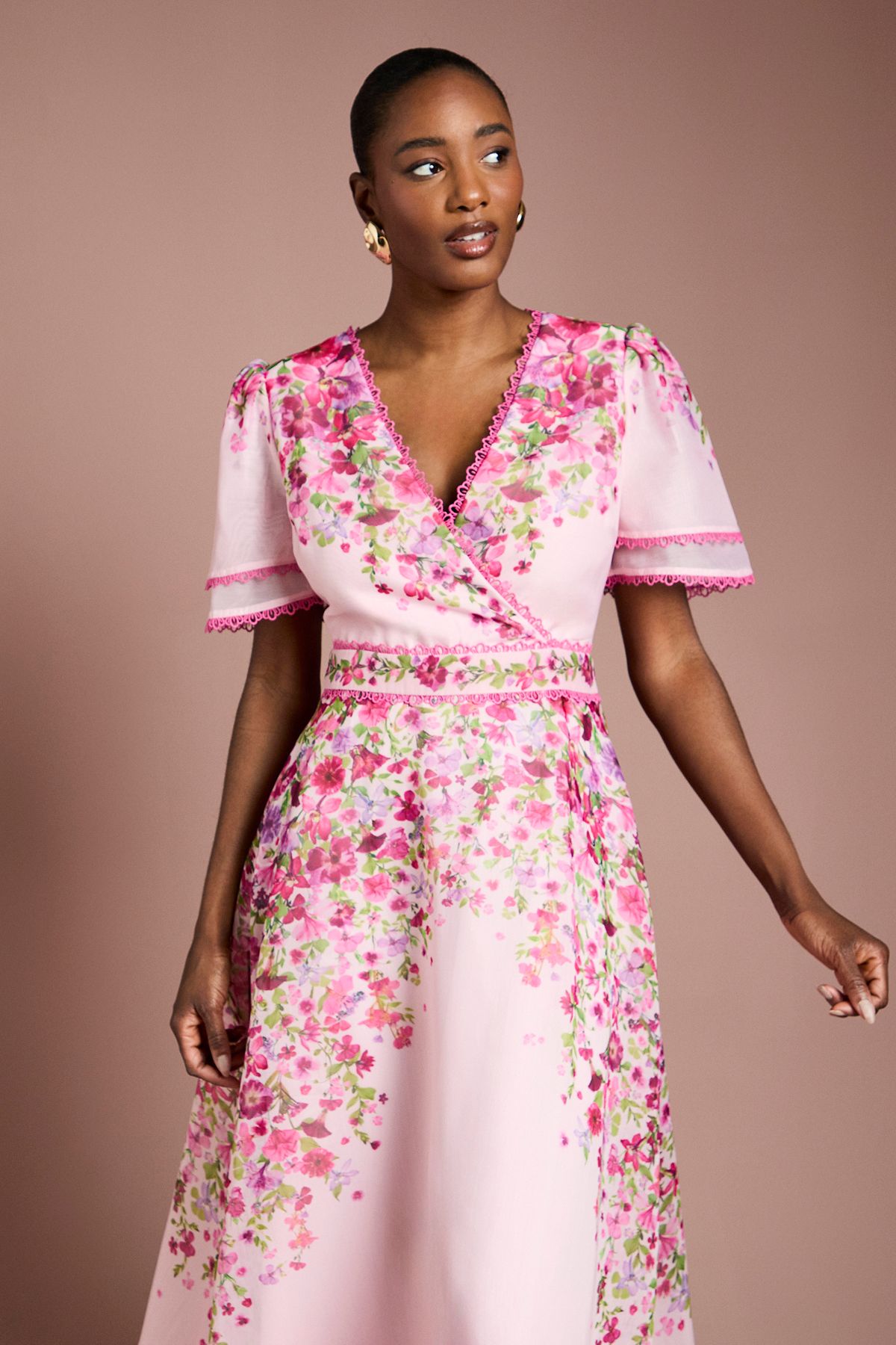 Coast Placement Print Trailing Floral Organza Wrap Midi Dress