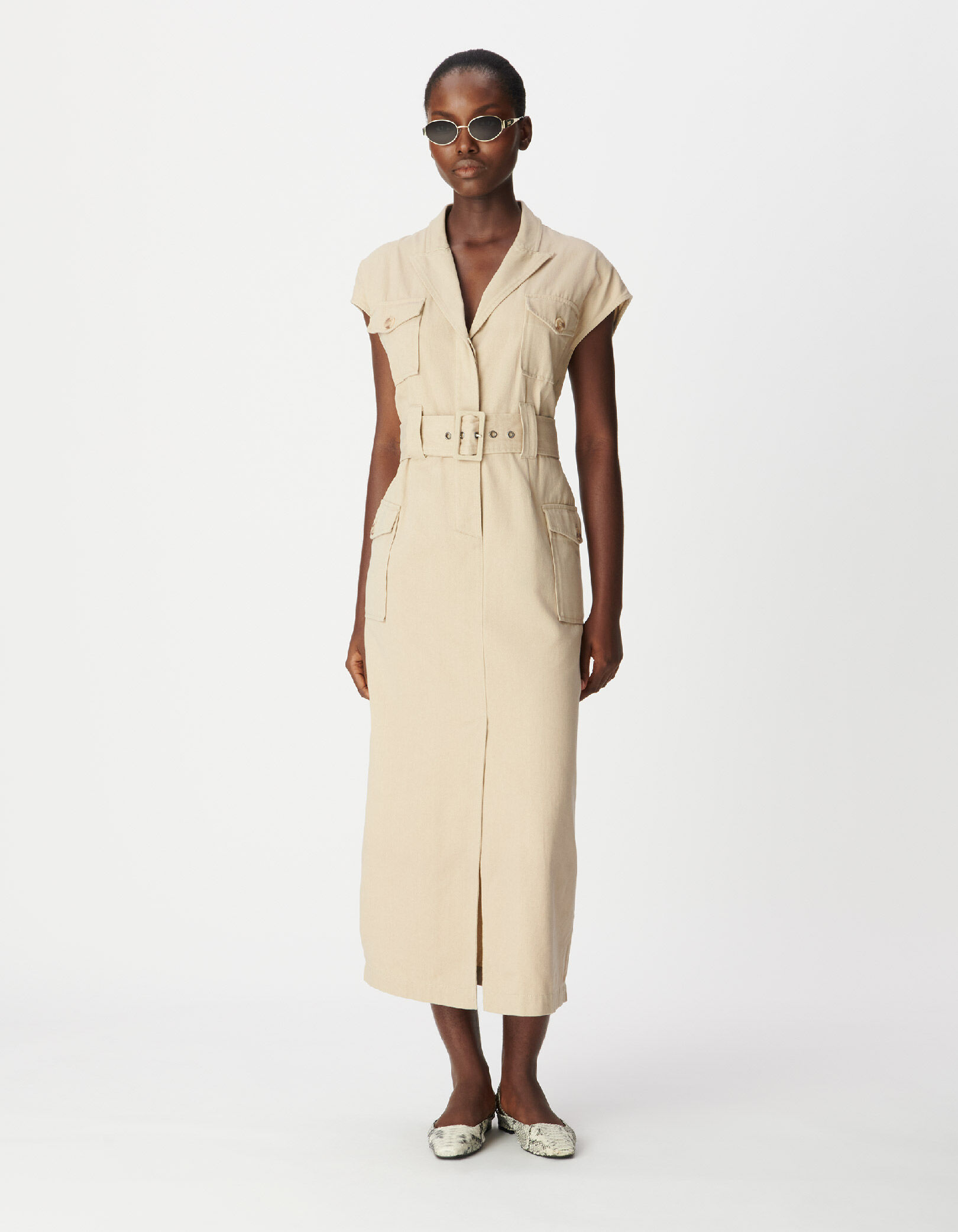 Robe saharienne longue beige sans manches Femme