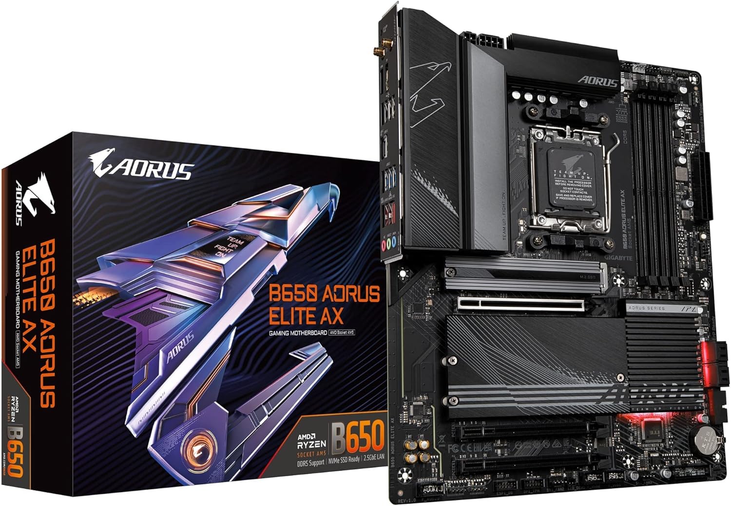 GIGABYTE B650 AORUS Elite AX AMD AM5 ATX Motherboard, Support Ryzen 9000/8000/7000 Series, DDR5, 14+2+1 Power Phase, PCIe 5.0 M.2, USB-C 3.2 Gen 2, WIFI6E, 2.5GbE, EZ-Latch, Q-Flash, RGB Fusion