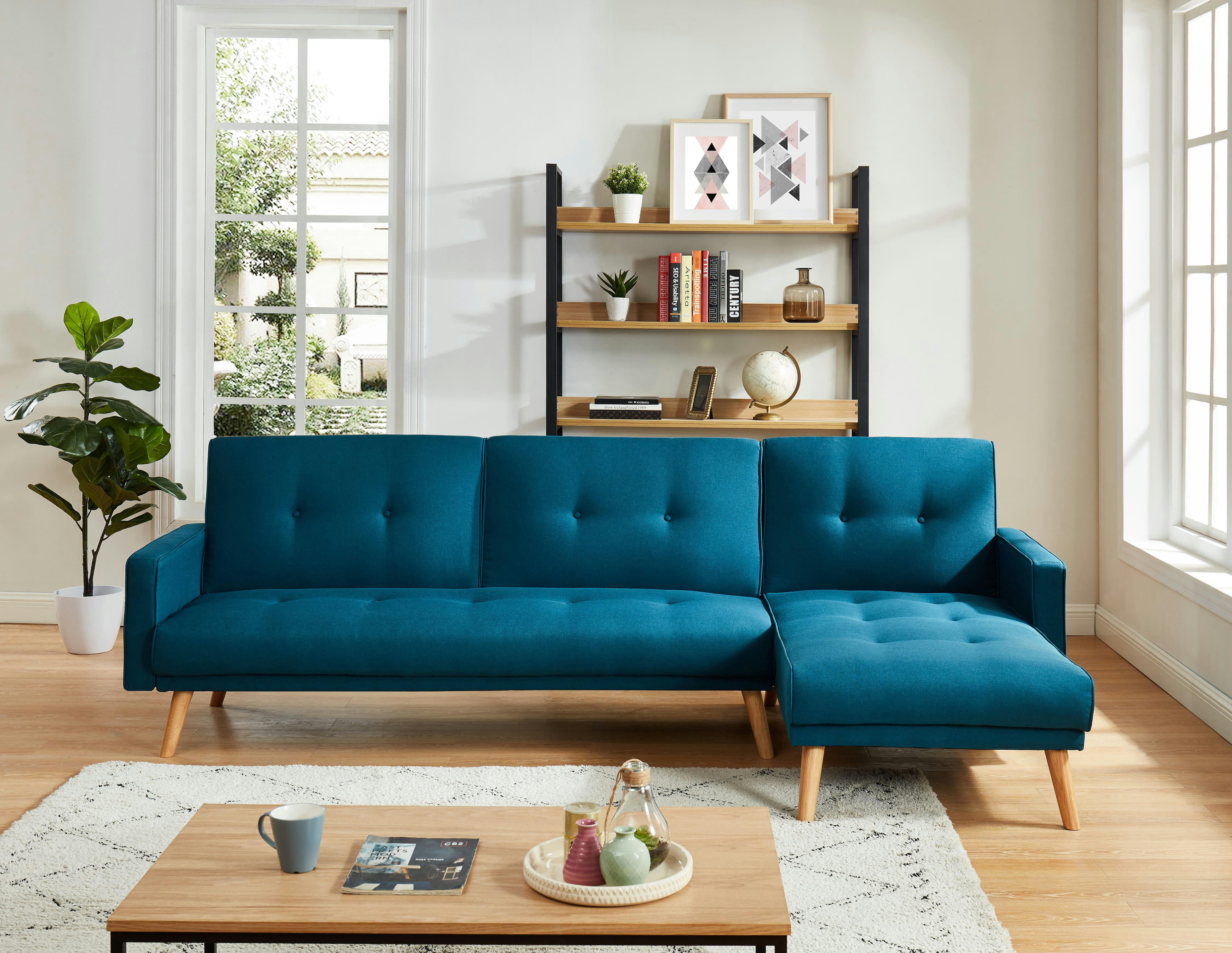 LUXI - Canapé d'angle convertible en tissu 4 places bleu paon