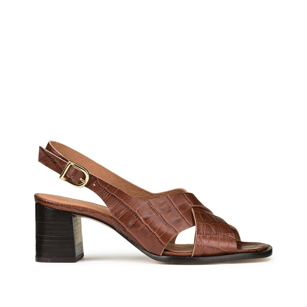 Sandales en cuir façon croco, talon large