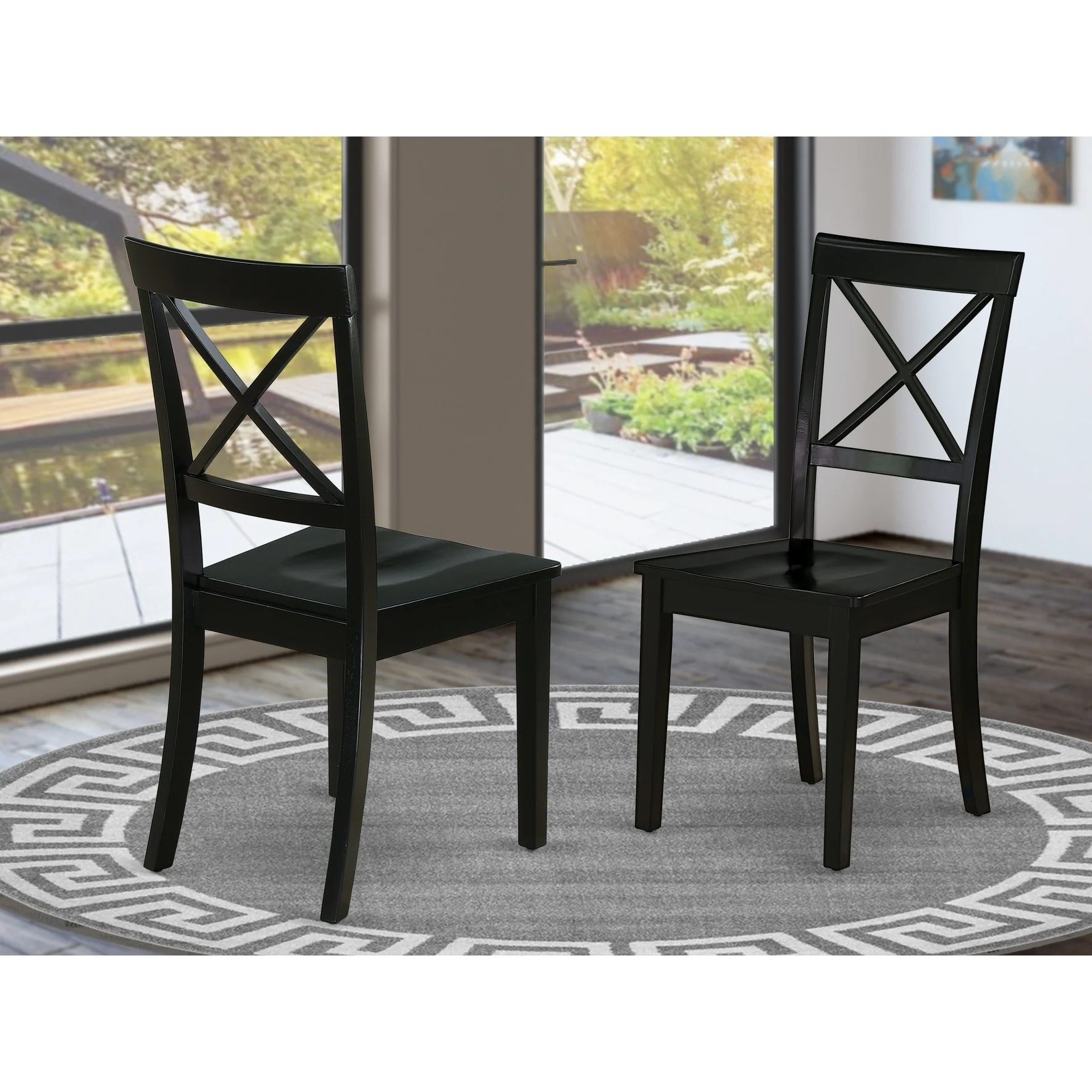 East West Furniture Boston Dining Room Chairs - Cross Back Solid Wood Seat Chairs, Set of 2, Black - BOC-BLK-W