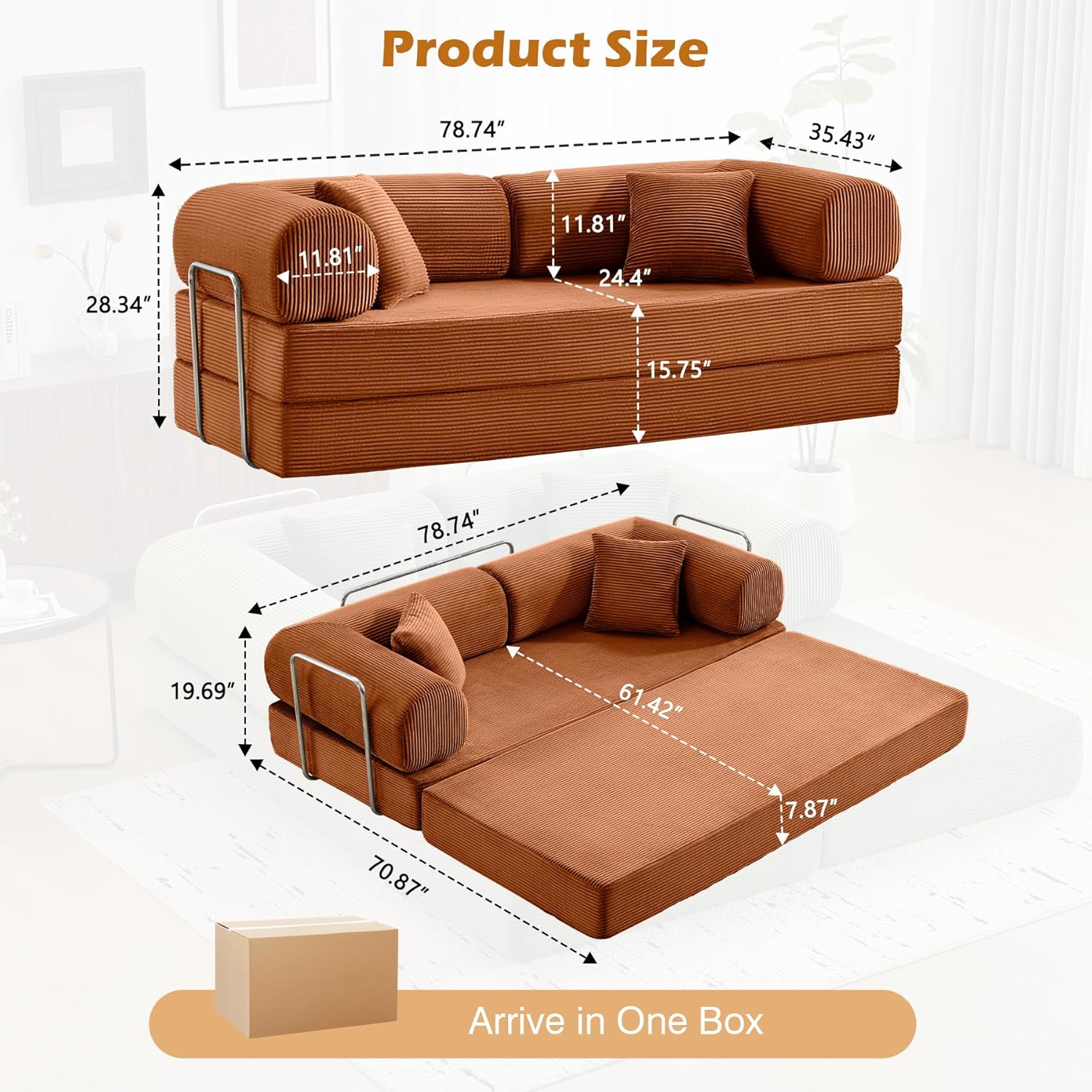 Sofa Bed, 79 Convertible Sleeper Sofa with Pull Out Bed, 5-in-1 Folding Corduroy Futon Couch, Modular Loveseat Sofa Bed for Living Room, Bedroom & Apartment, Brown
